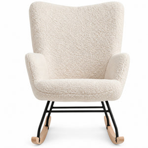Comfortabele Schommelstoel met kussen en zijvak roomwit/beige | Zenzee met zachte berberfleece bekleding en houten onderstel