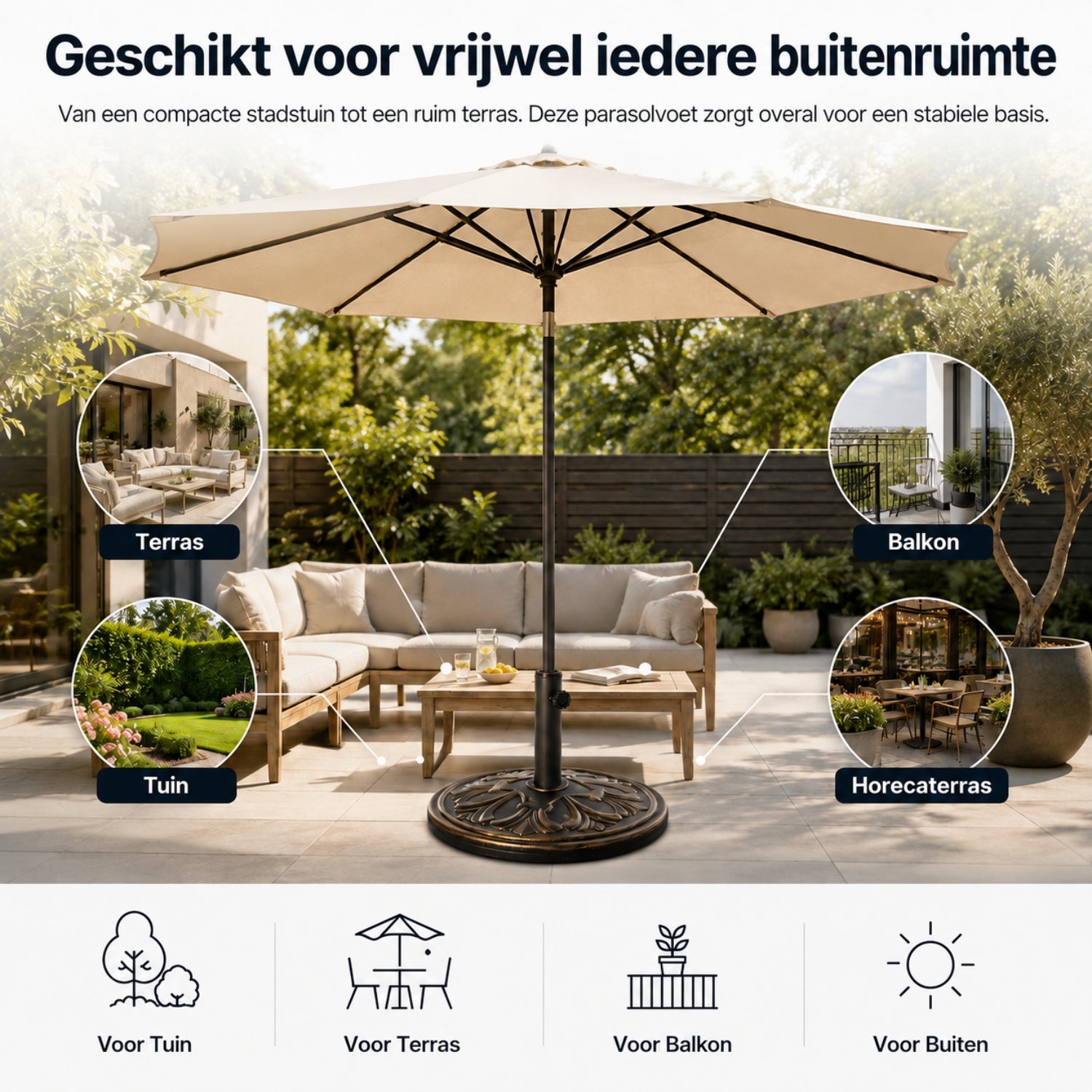 Klassieke parasolvoet in bronskleur – 14 kg, ø48 x 34 cm voor stevige ondersteuning