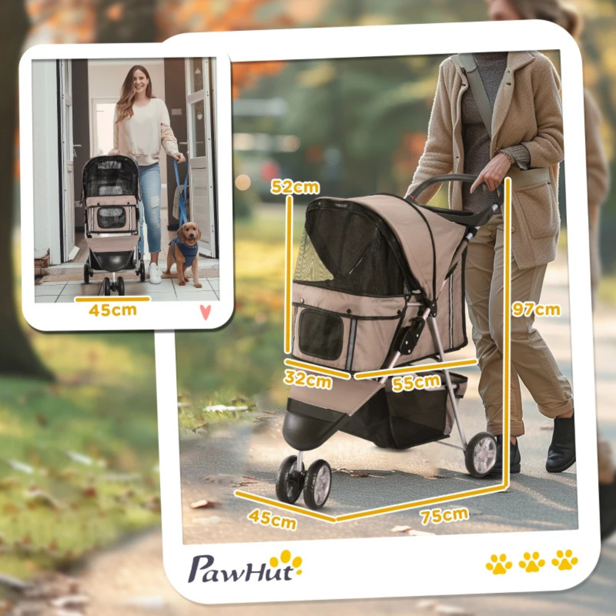 Opvouwbare hondenbuggy met parkeerrem en ruime opbergruimte – comfortabel en praktisch voor kleine honden en wandelingen