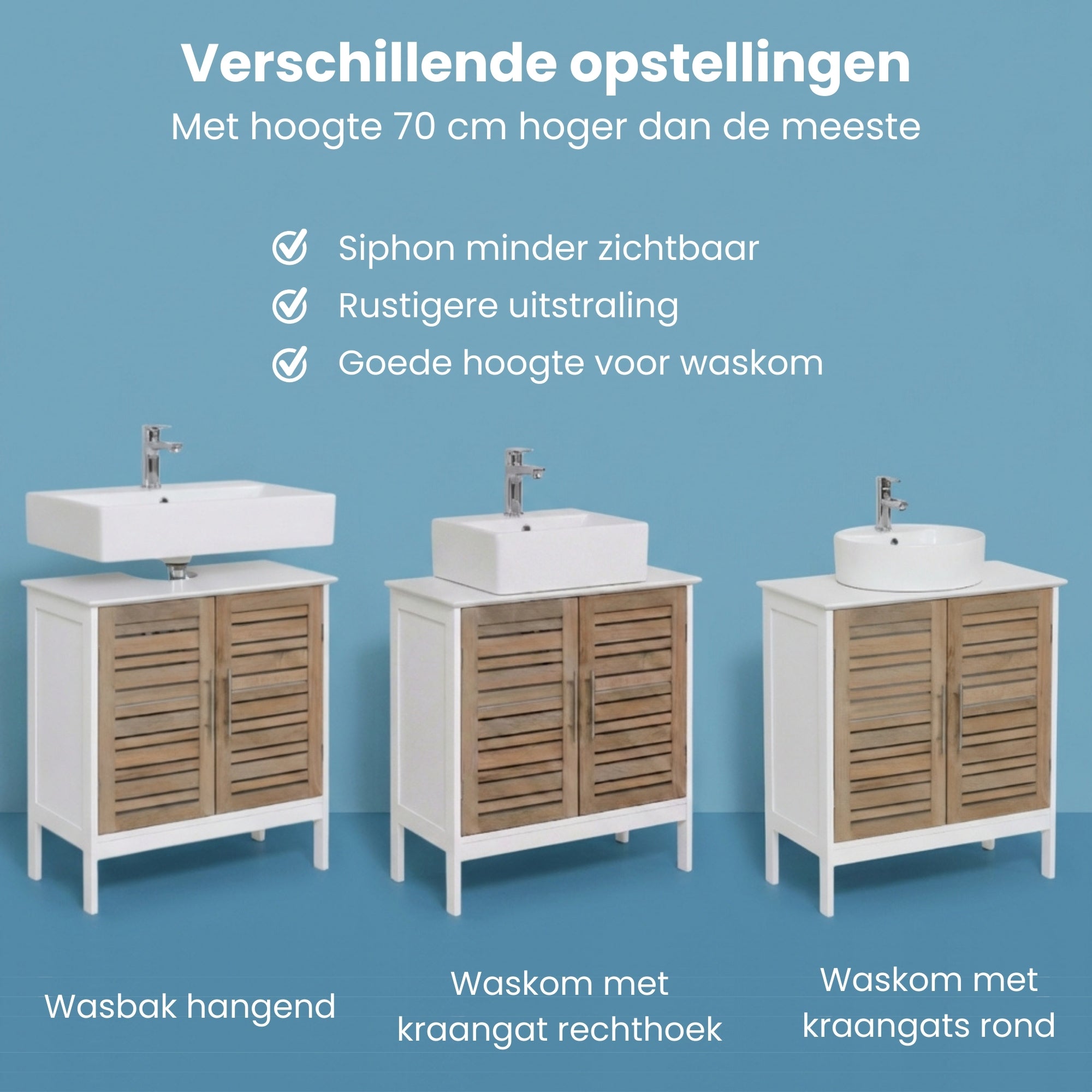 Wastafelonderkast wit-eiken 70x60x30 cm – Compact badkamermeubel met natuurlijke uitstraling in eerste galerijpositie met verschillende wastafelopstellingen