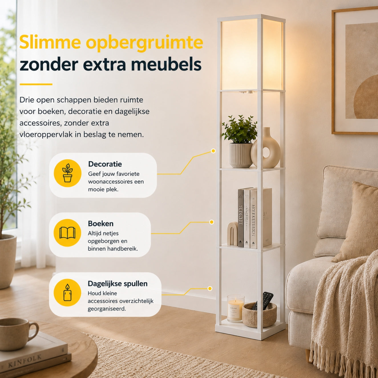 Multifunctionele witte vloerlamp met planken – 160 cm hoog