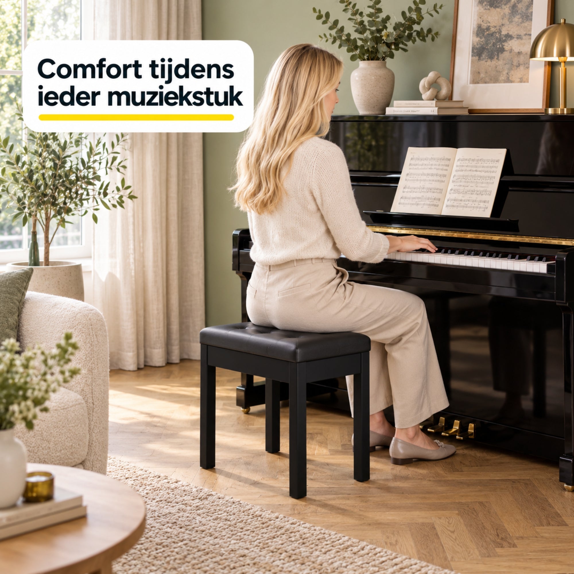 Moderne zwarte pianokruk met opbergruimte voor extra comfort en stijl, met gestoffeerde zitting en stevige poten