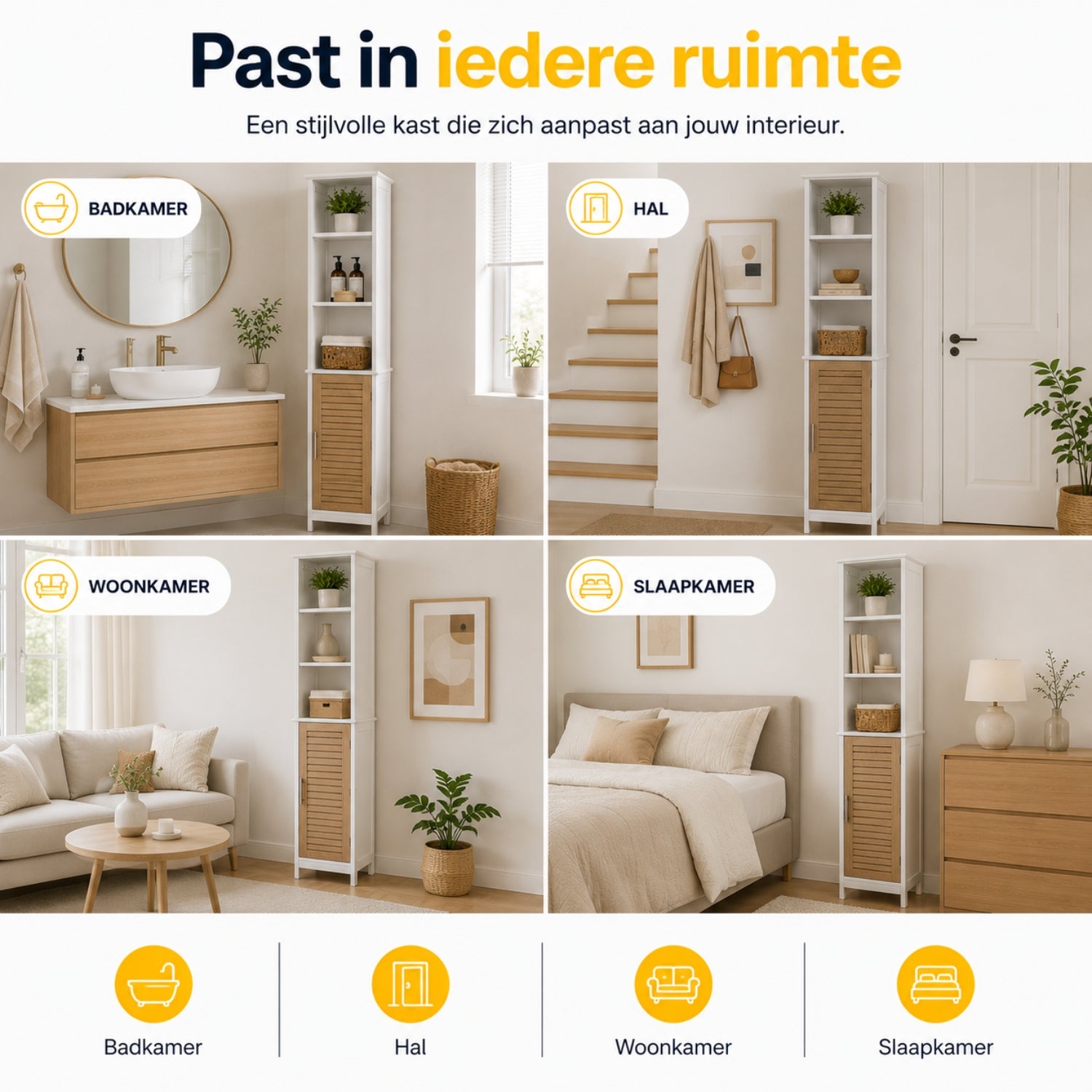 Badkamer kolomkast wit-eiken 173 cm – Smalle kast met veel opbergruimte en modern design