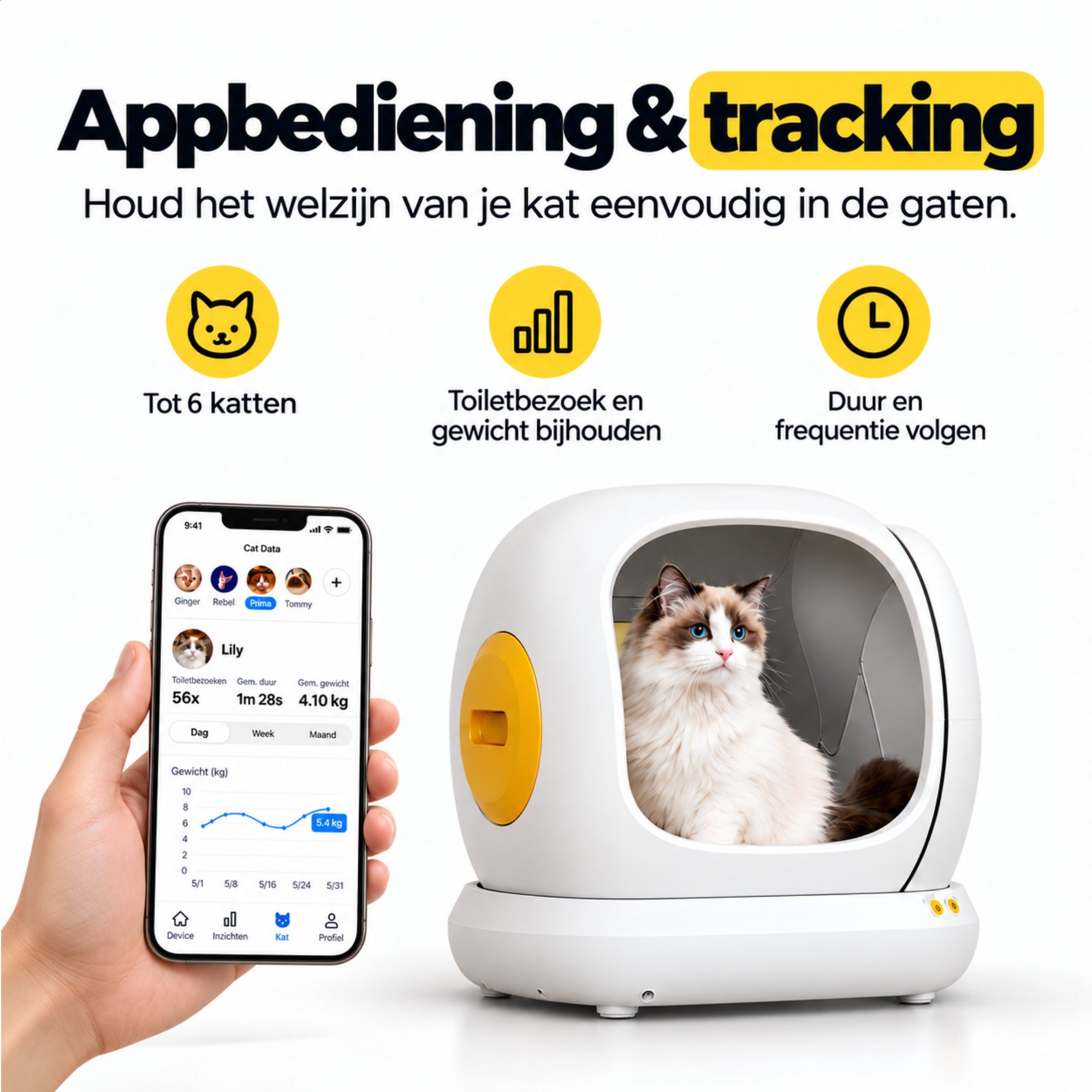 UBPet C20 automatische kattenbak – met app-bediening en dubbele geurverwijdering voor slim schoonmaakbeheer en kattenmonitoring