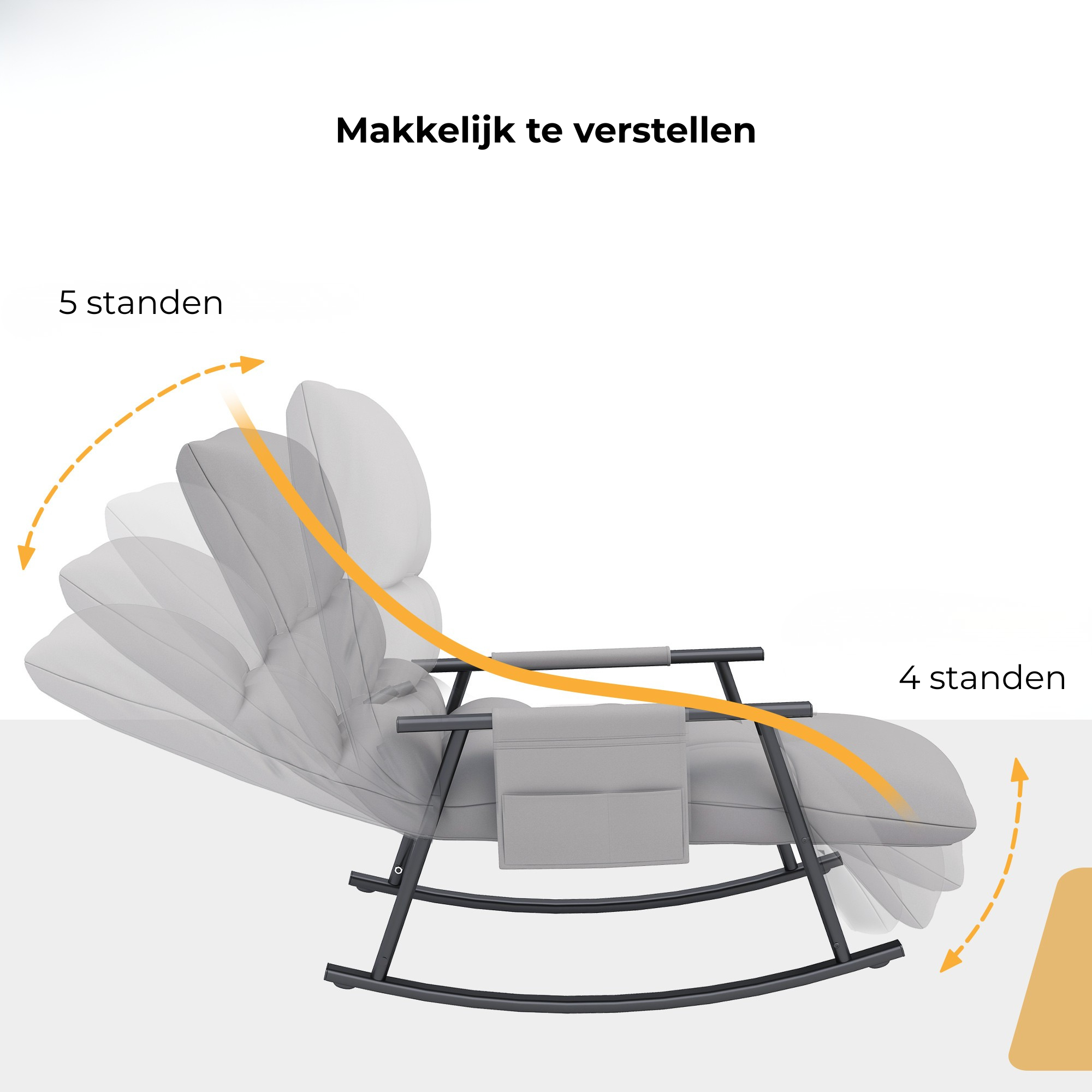 Comfortabele grijze schommelstoel met verstelbare rugleuning in 5 standen en zachte bekleding voor optimaal zitcomfort