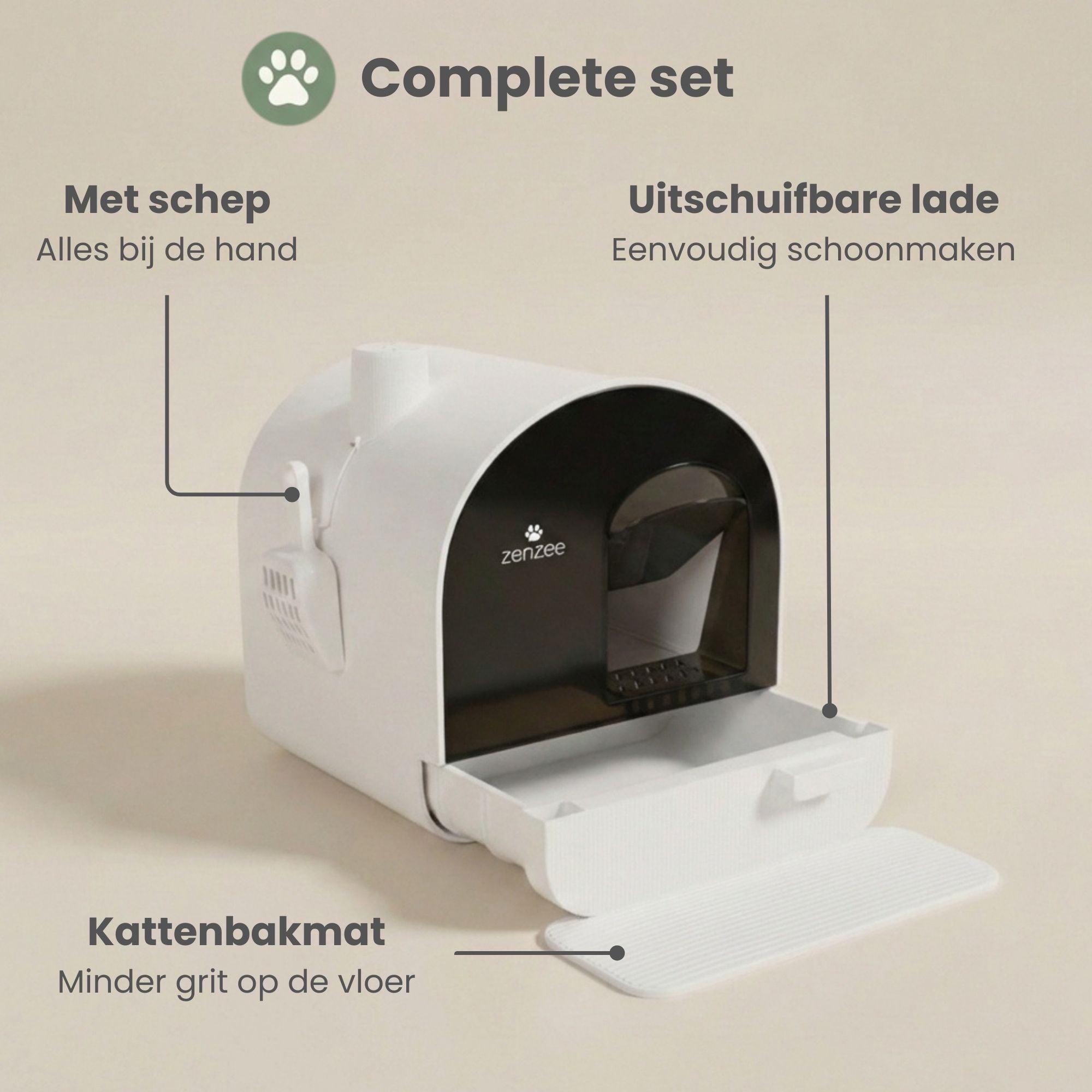 Witte kattenbak met uitneembare lade, kattenbakmat & schepje – hygiënisch design | Zenzee met handig schoonmaaksetje