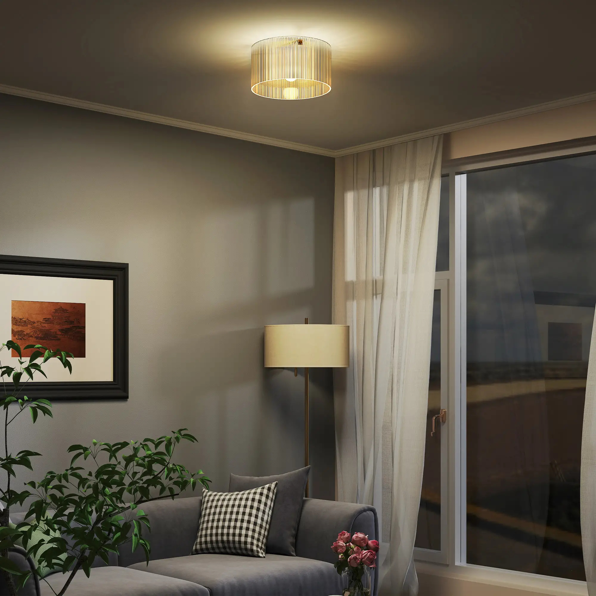 Moderne plafondlamp Ø32 cm voor sfeervolle verlichting met geribbelde acryllampenkap en slank ontwerp in woonkamer