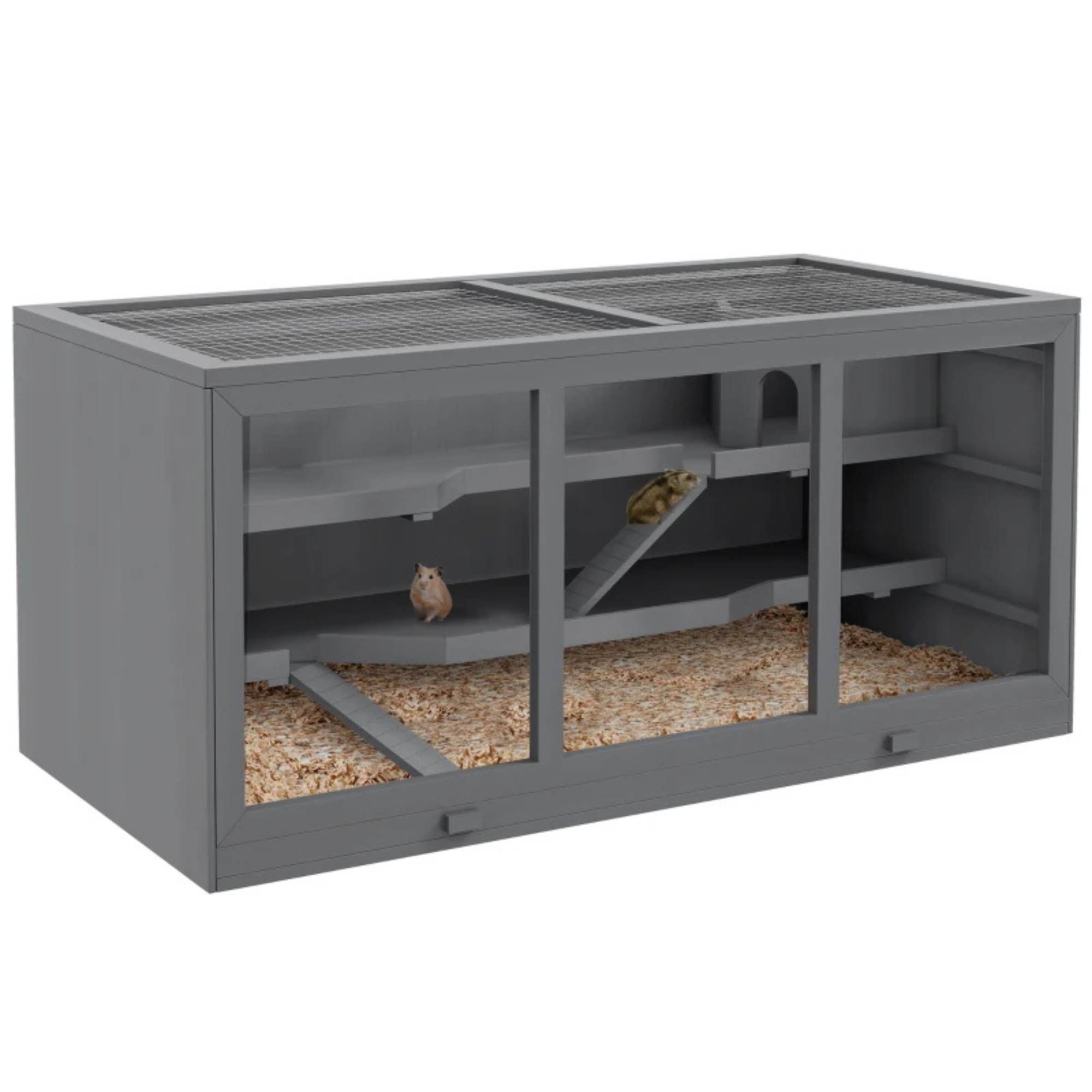 Hamsterkooi voor knaagdieren met extra ruimte in grijs 115x57x55 cm met meerdere niveaus en ventilatieroosters