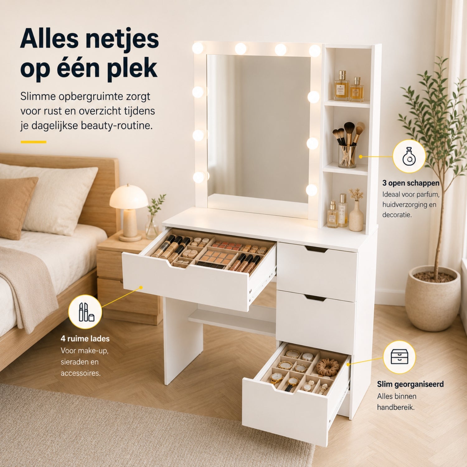Kaptafel wit met Hollywood spiegel LED en ruime lades voor make-up | Zenzee met vier lades en drie open schappen voor beautyproducten
