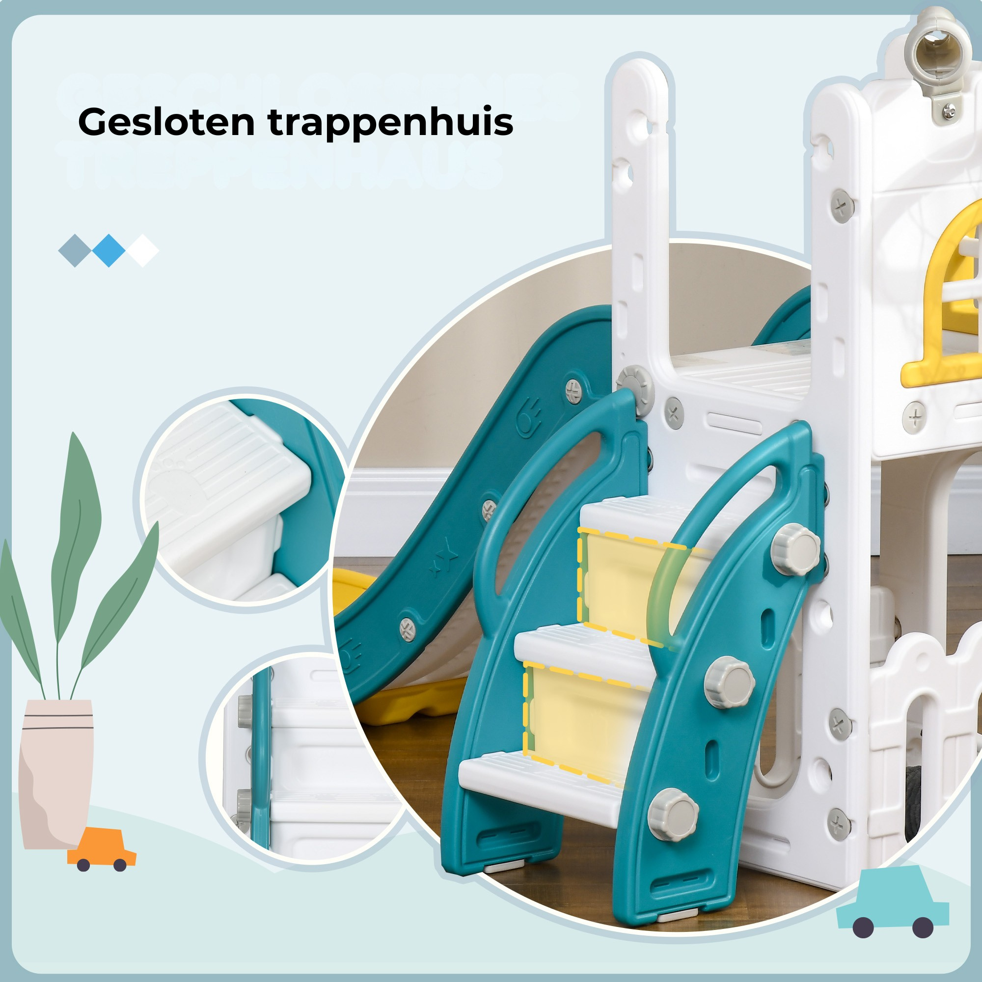Kinderglijbaan met basketbalring voor actief en veilig speelplezier met gesloten trappenhuis en stevige kunststof trap