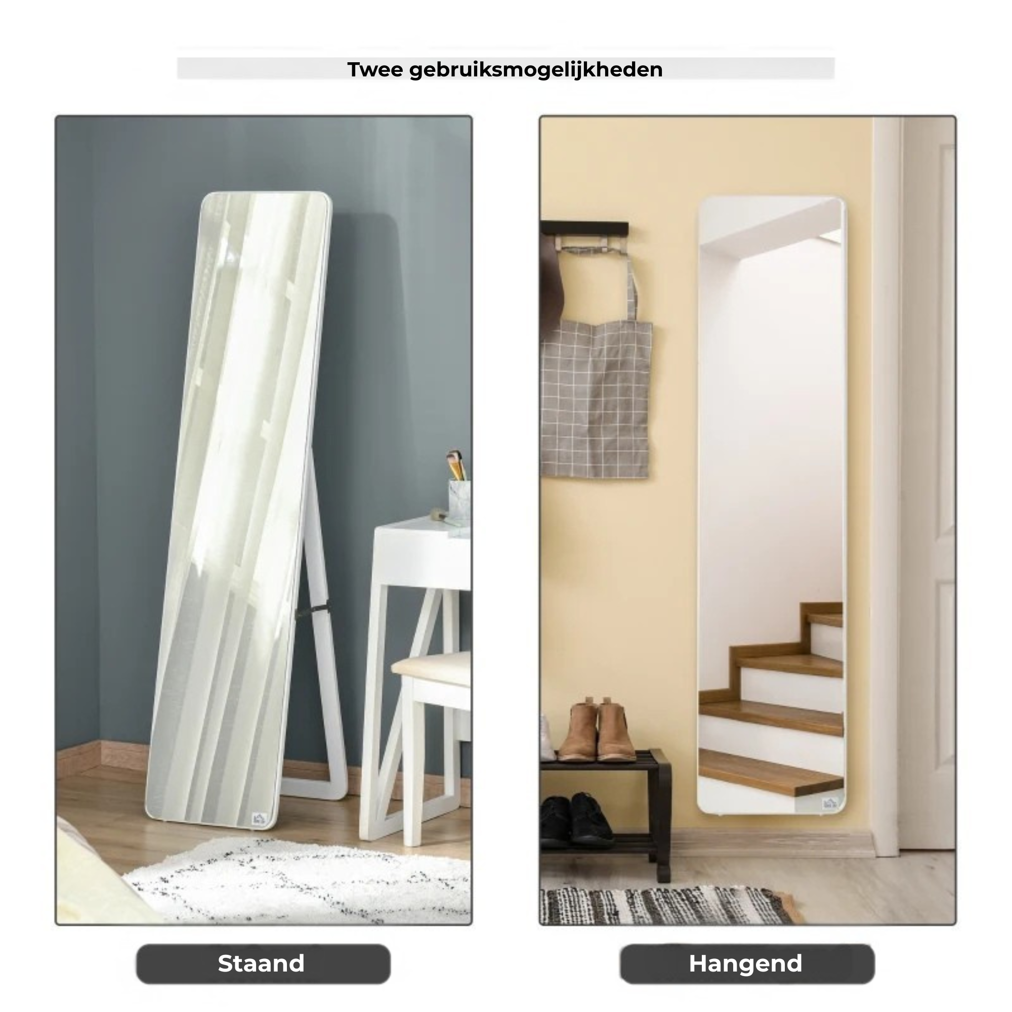 Passpiegel wandspiegel wit met houten frame 37×43×156 cm staand of hangend te gebruiken in modern interieur