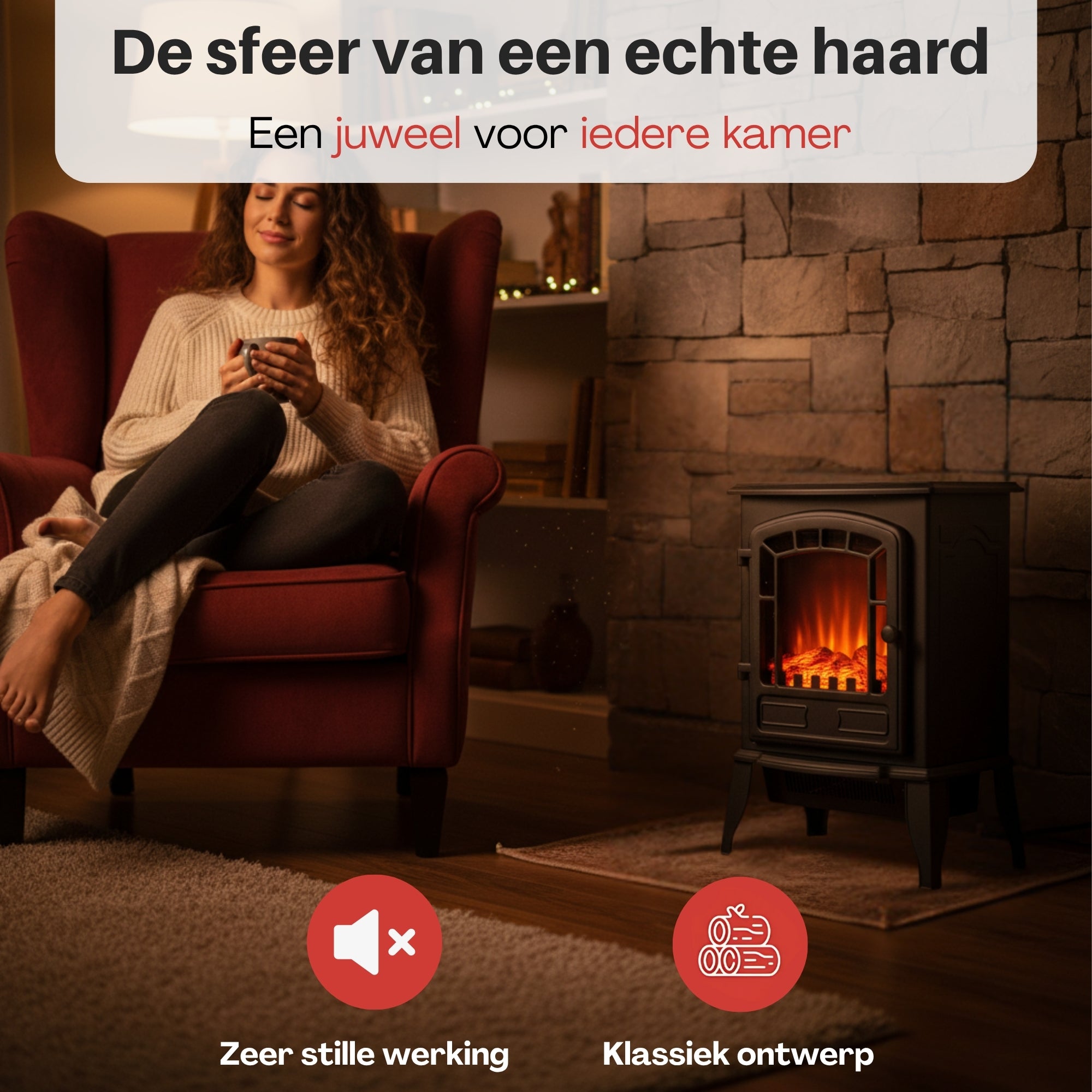 Sfeerhaard Elektrisch Vrijstaand - Elektrische kachel – 1000/2000W Zwart met klassiek design en warme sfeerverlichting