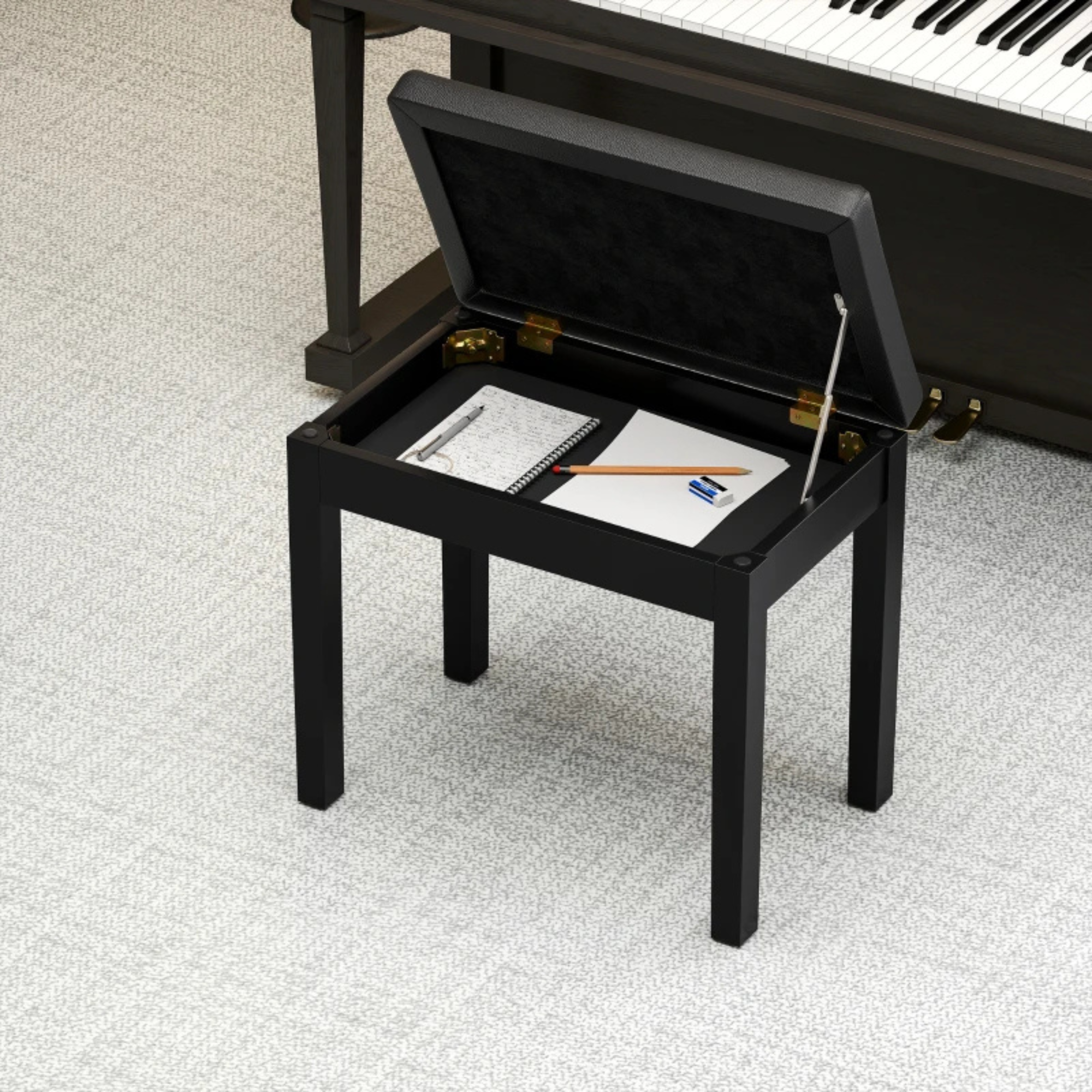 Moderne zwarte pianokruk met opbergruimte voor extra comfort en stijl, praktisch en strak design met zachte zitting