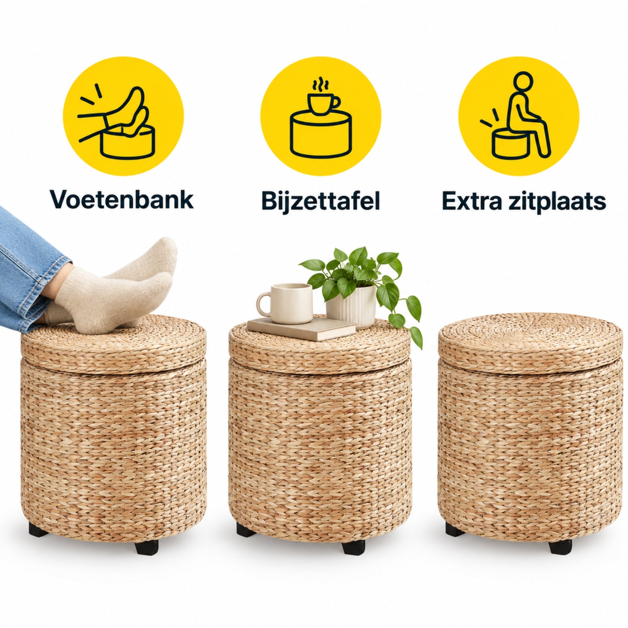 Ronde hocker met opbergruimte en afneembare deksel – stro rotan – Ø43×43 cm in khaki als voetenbank, bijzettafel en extra zitplaats