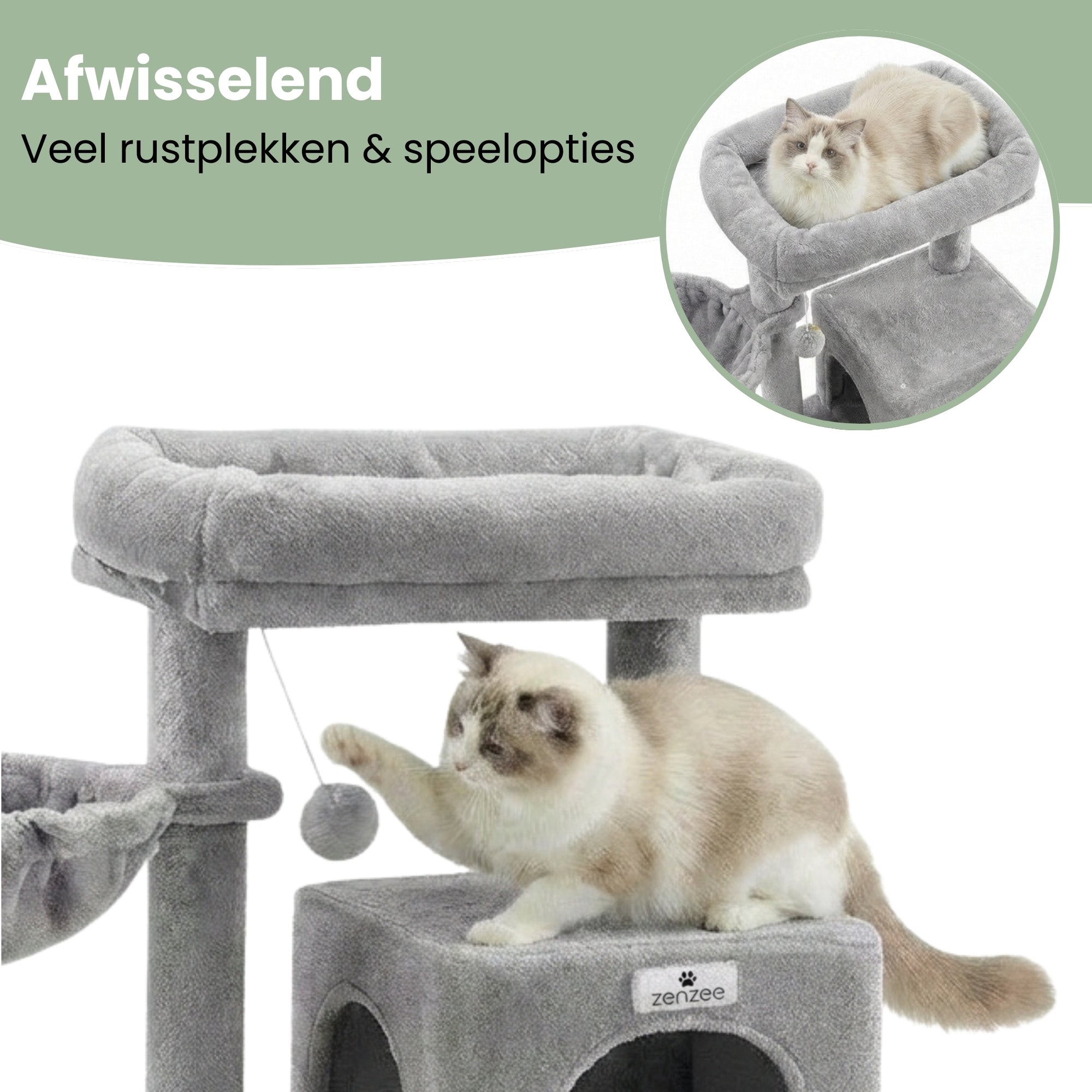 Krabpaal – Ook voor kittens en senior katten – Compact- Modern - Lichtgrijs – 49 x49 x 97 cm in galerijpositie 1 met diverse rust- en speelplekken