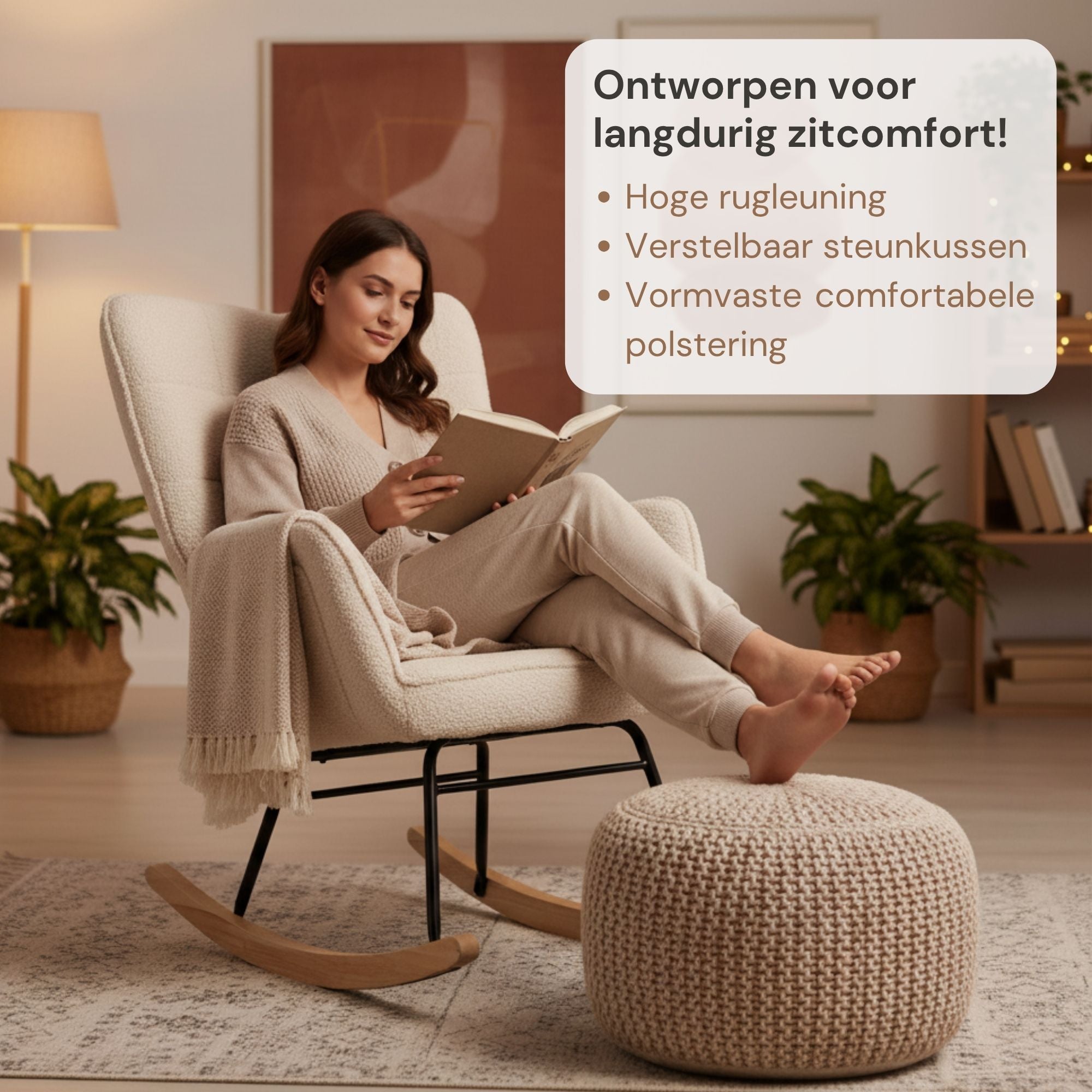 Comfortabele schommelstoel met kussen voor voeding, lezen en ontspannen cremewit | Zenzee