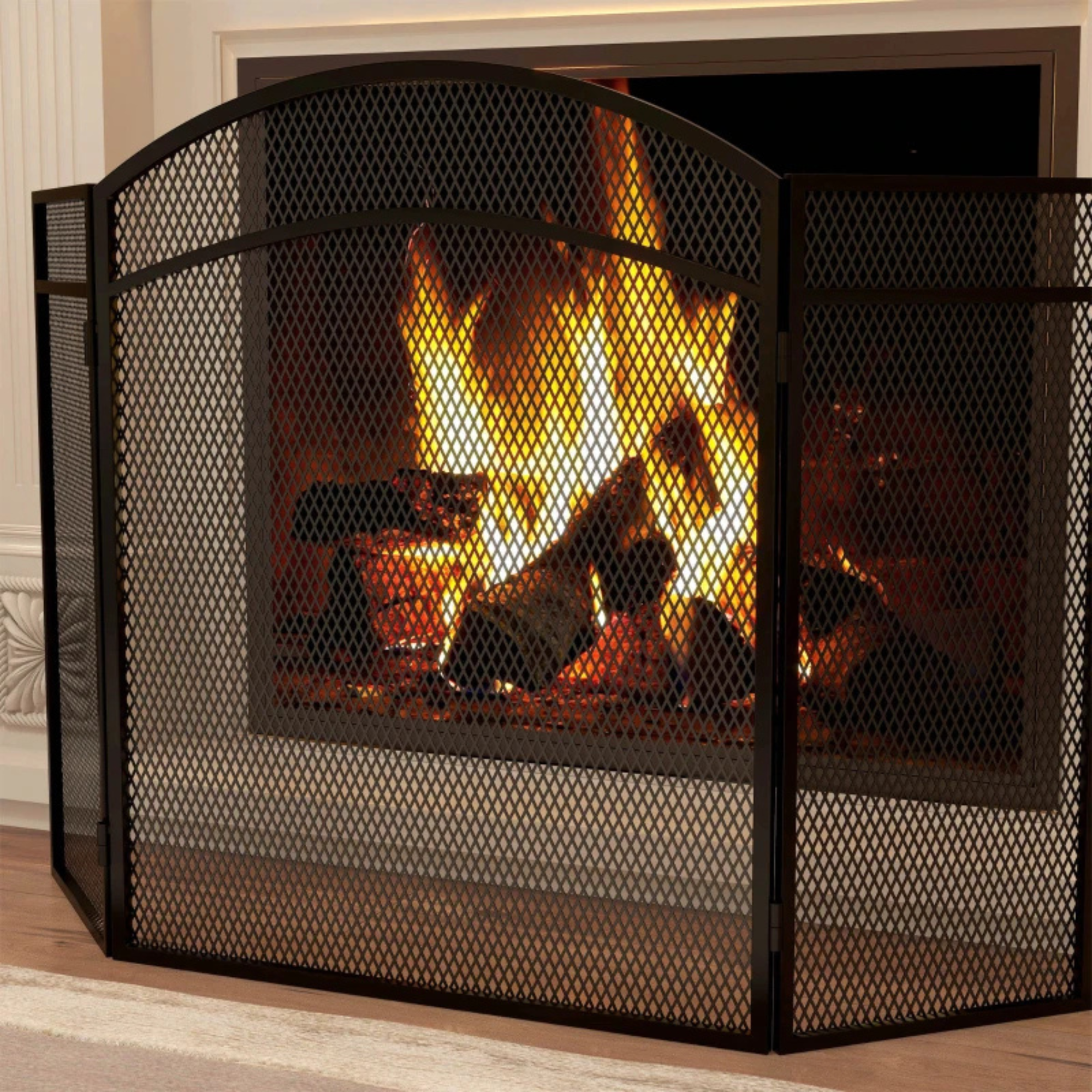 Haardscherm zwart 96×60 cm – Opvouwbaar vonkenscherm met visgraatpatroon