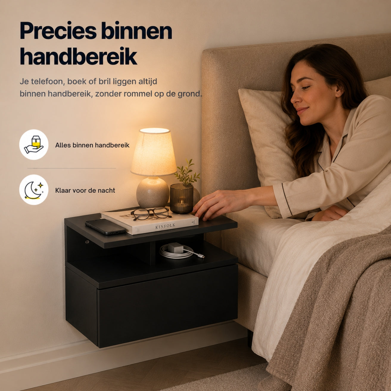 Zwevende nachtkastjes set van 2 met lade en open vak voor slaapkamer zwart | Zenzee