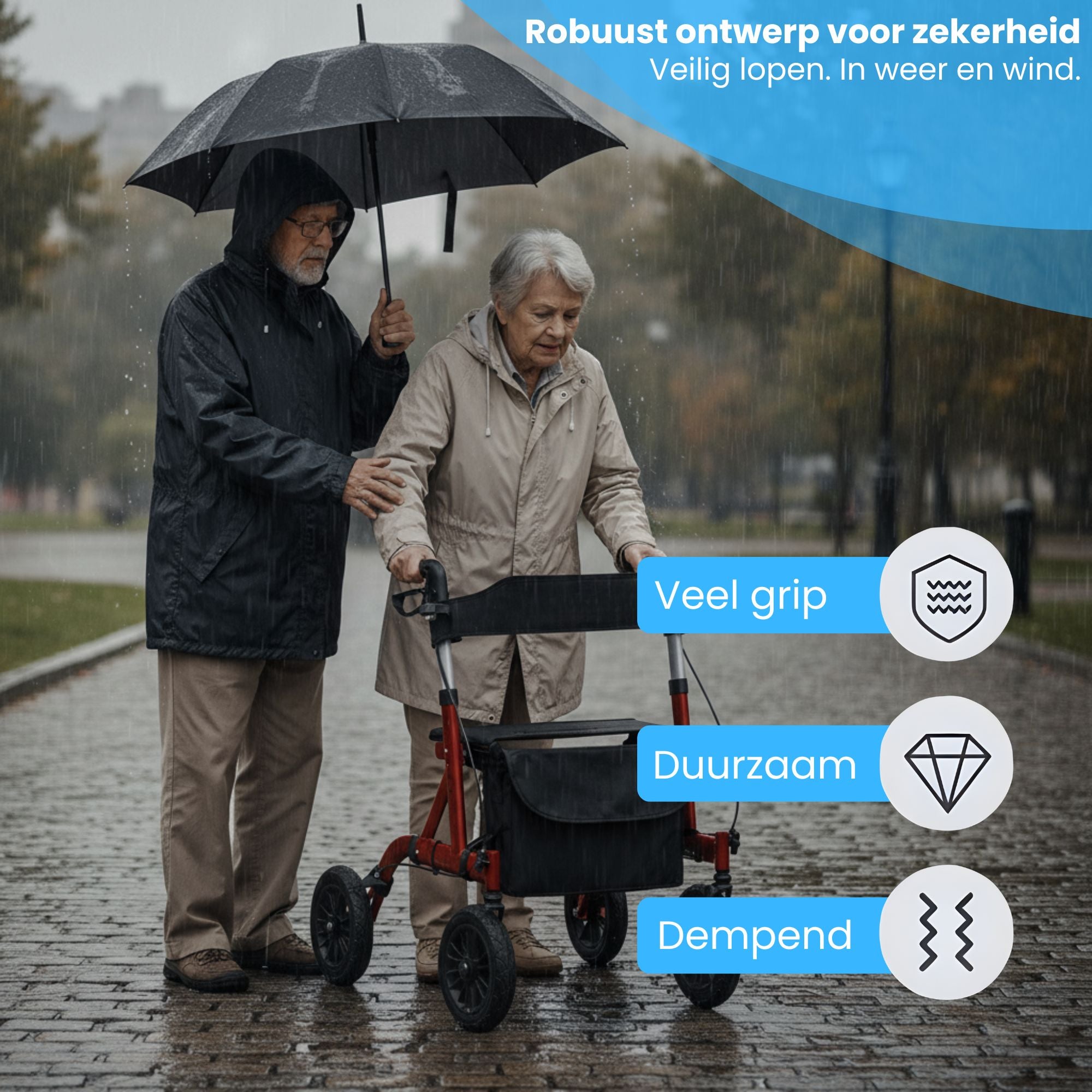 Rollator met all-terrain luchtbanden en comfortabele zitfunctie rood, duurzaam en dempend voor veilig lopen in alle weersomstandigheden