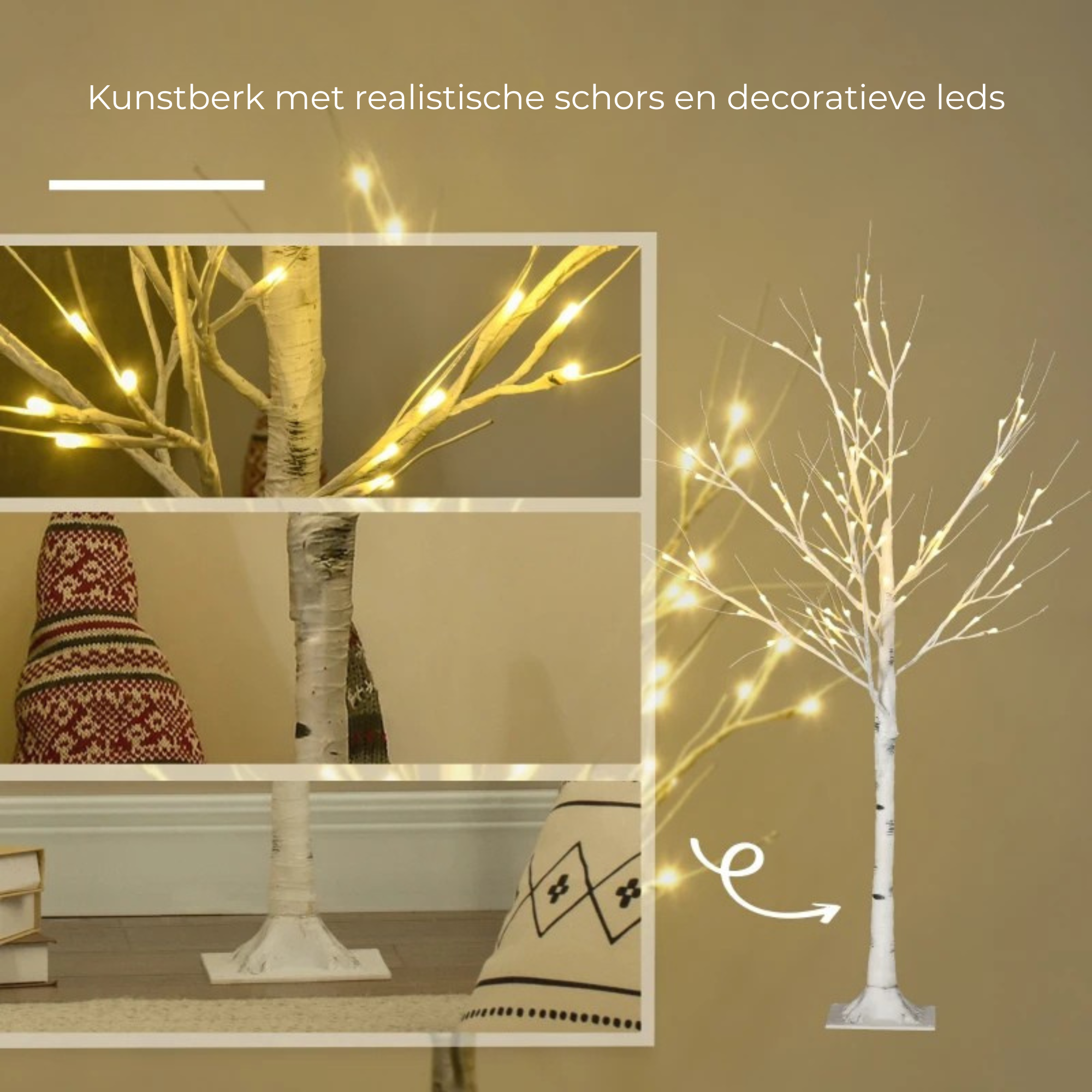Sfeervolle led kerstlichtboom 120 cm met 72 warmwitte leds en kunstberk met realistische schors voor kerstdecoratie