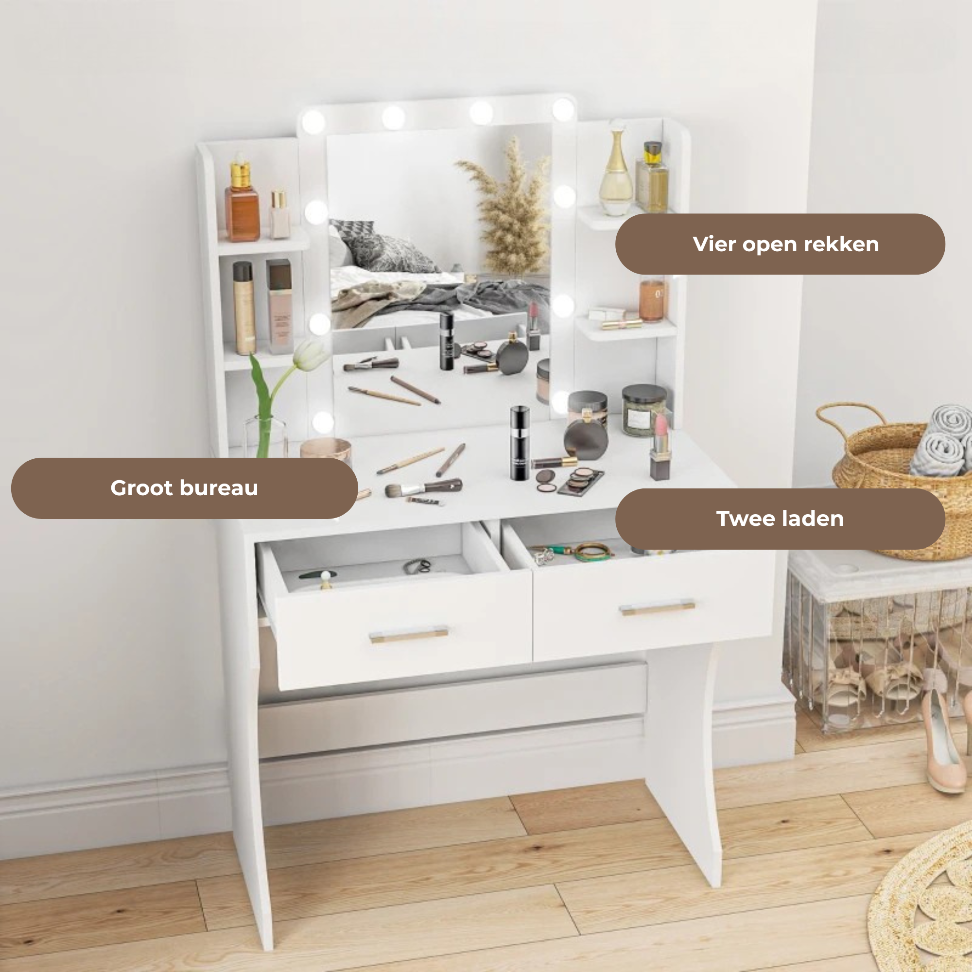 Make-up tafel met LED-spiegel 80x40x132 cm – stijlvol en praktisch