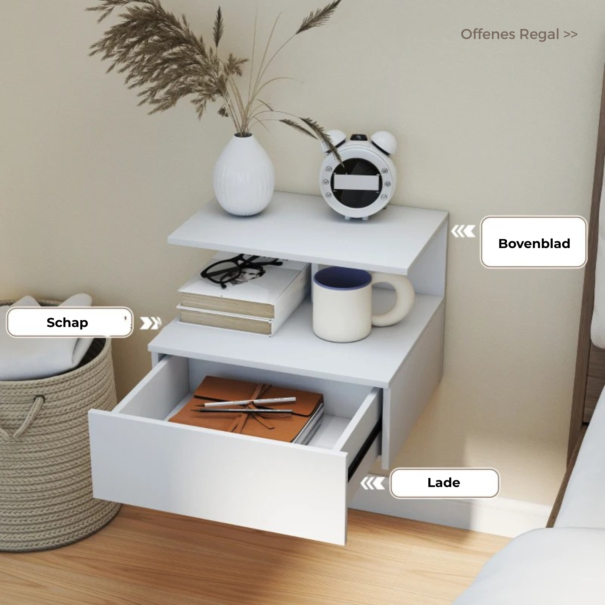 Zwevend nachtkastje met lade voor compact en stijlvol opbergen, wit met open vak en praktisch ladeontwerp