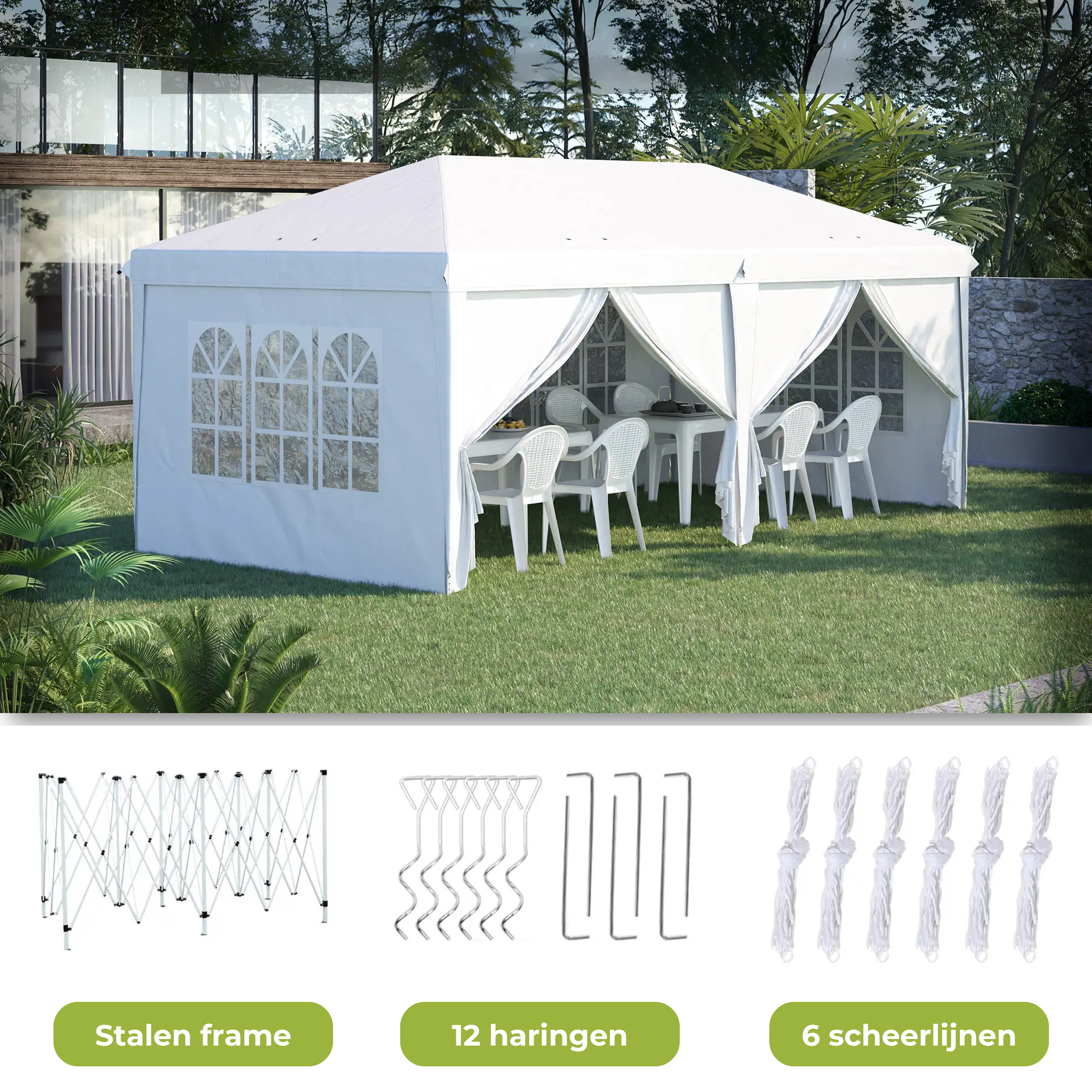Partytent Opvouwbaar - Met Zijwanden – Paviljoen - Easy Up partytent – Tuinpaviljoen – 6x3m – Waterdicht – Verstelbare Hoogte – Wit