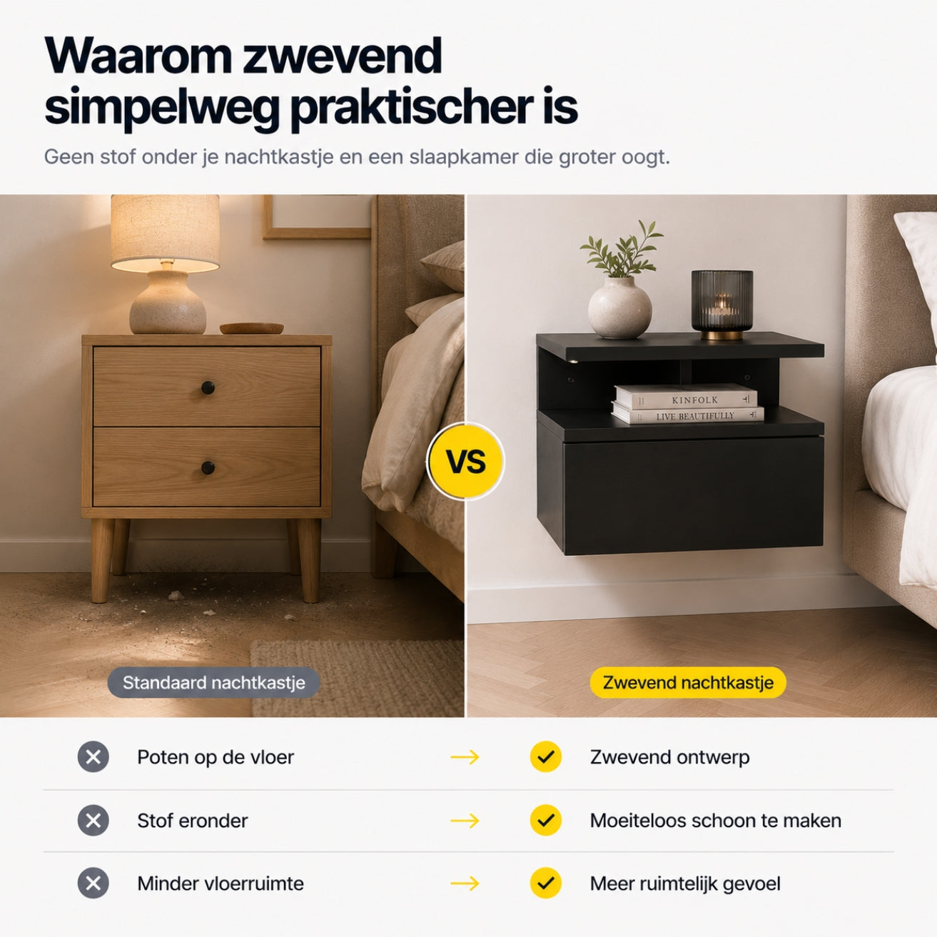 Zwevende nachtkastjes set van 2 met lade en open vak voor slaapkamer zwart | Zenzee