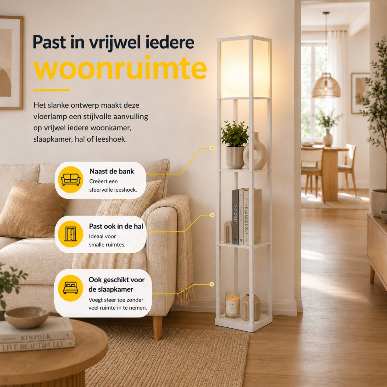 Multifunctionele witte vloerlamp met planken – 160 cm hoog