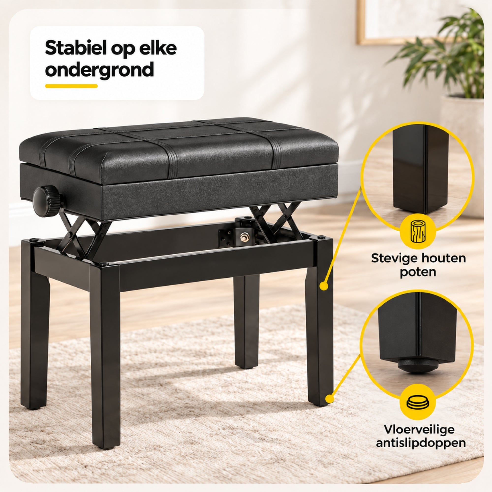 Zwarte pianokruk verstelbaar met opbergruimte en comfortabel design, detail stevig zwart gelakt houten frame