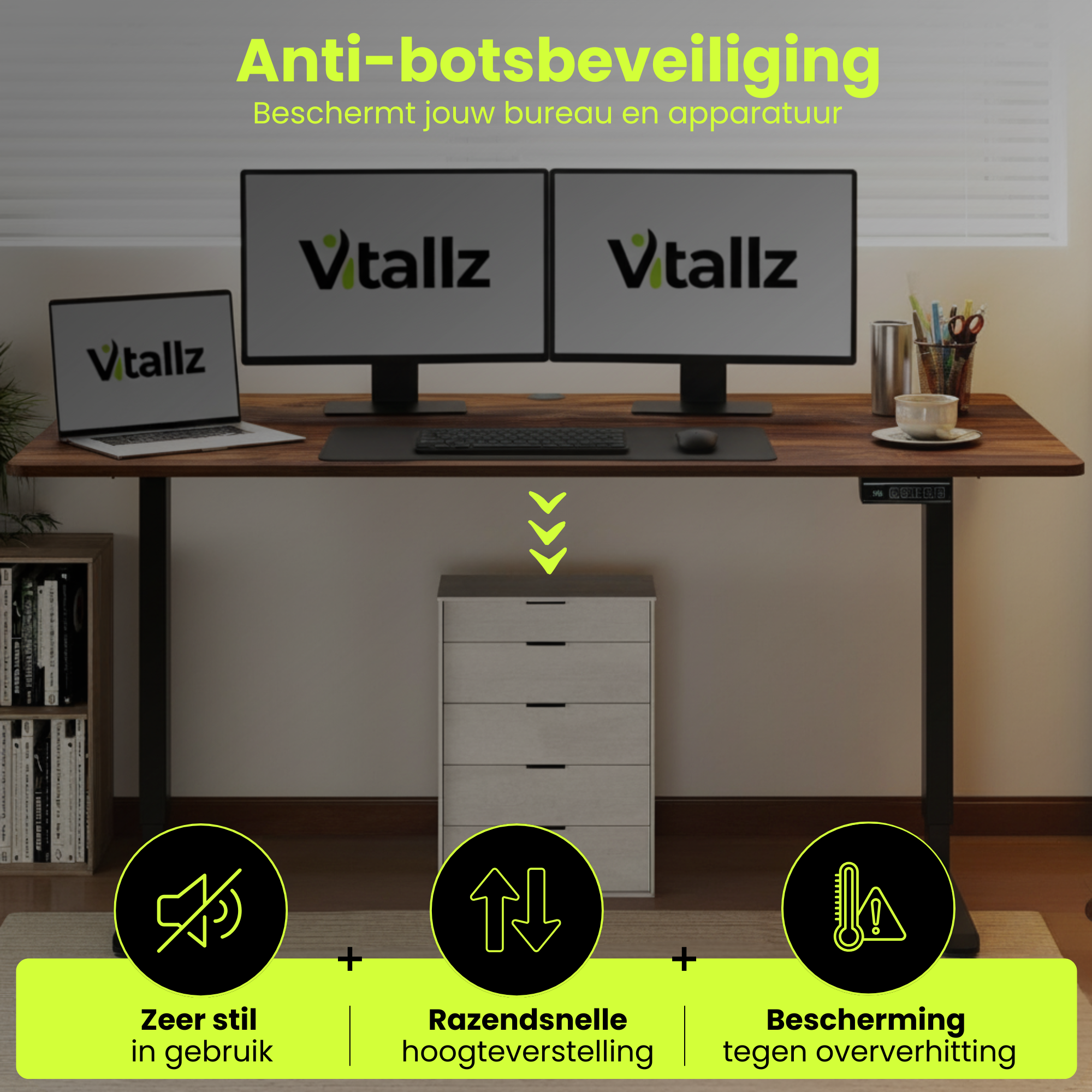 Elektrisch zit sta bureau 140x70 met botsbeveiliging en kinderslot bruin met stille motor en snelle hoogteverstelling
