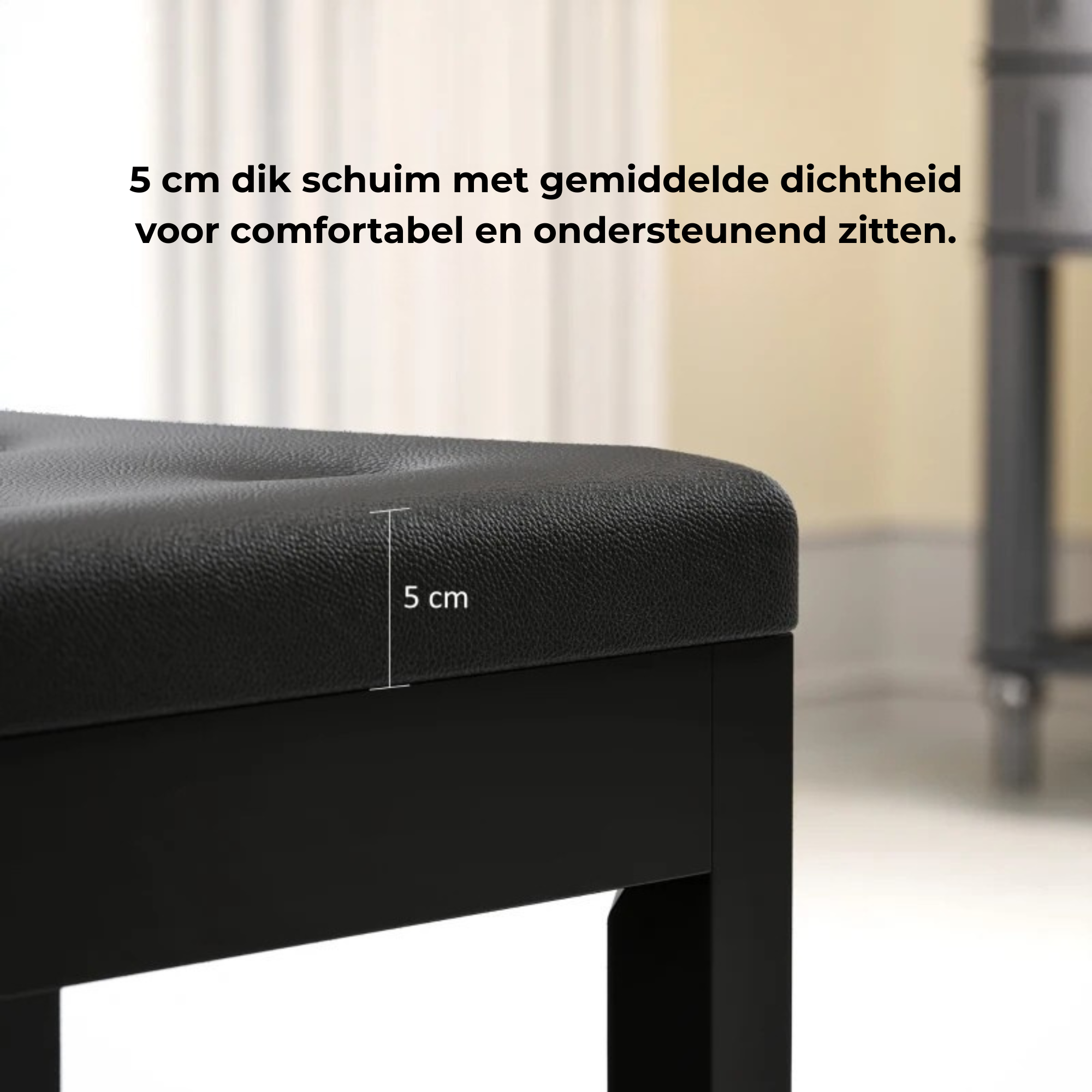 Moderne zwarte pianokruk met opbergruimte met 5 cm schuim voor comfortabel en ondersteunend zitcomfort
