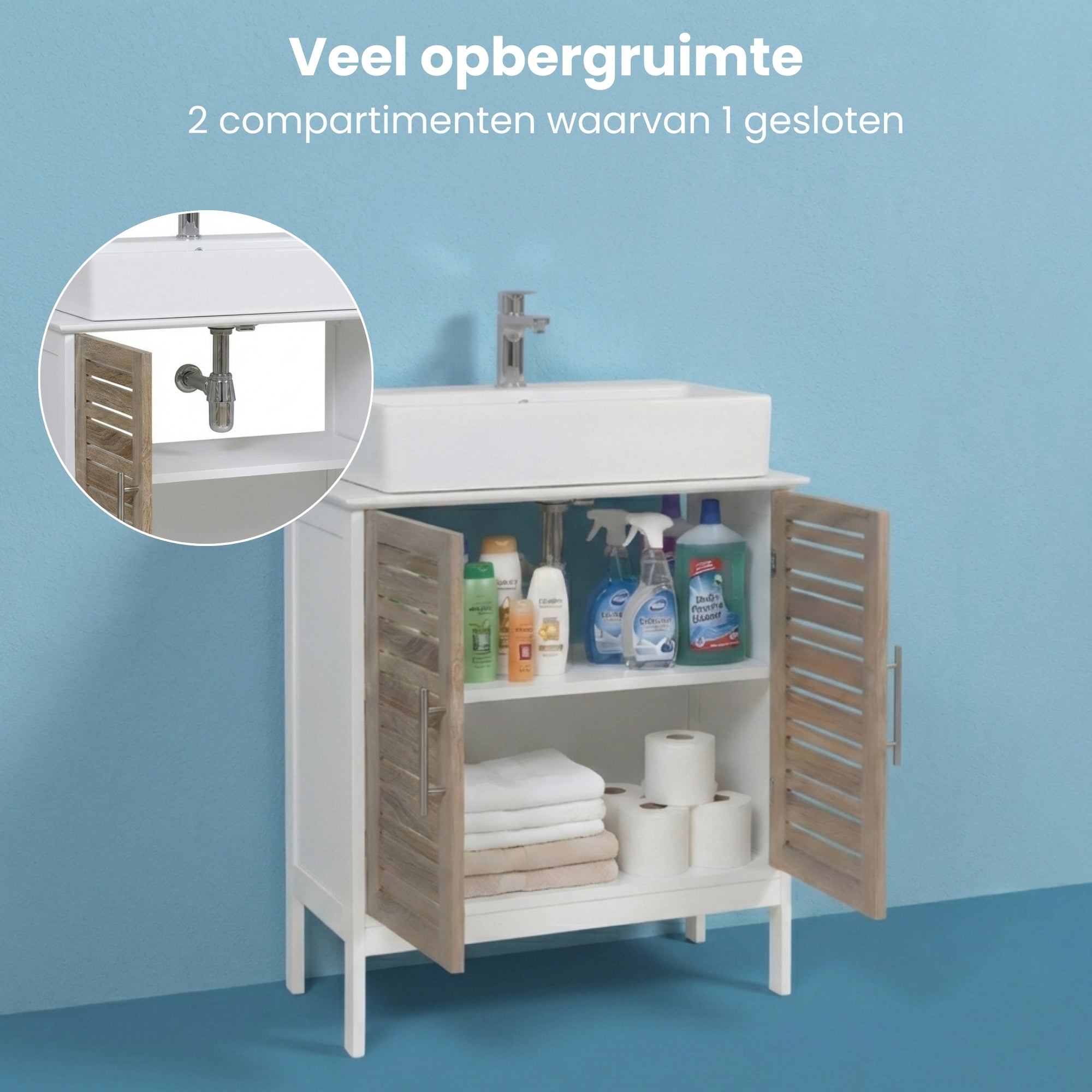 Wastafelonderkast wit-eiken 70x60x30 cm – Compact badkamermeubel met natuurlijke uitstraling in eerste galerijpositie met open klapdeuren en opbergruimte