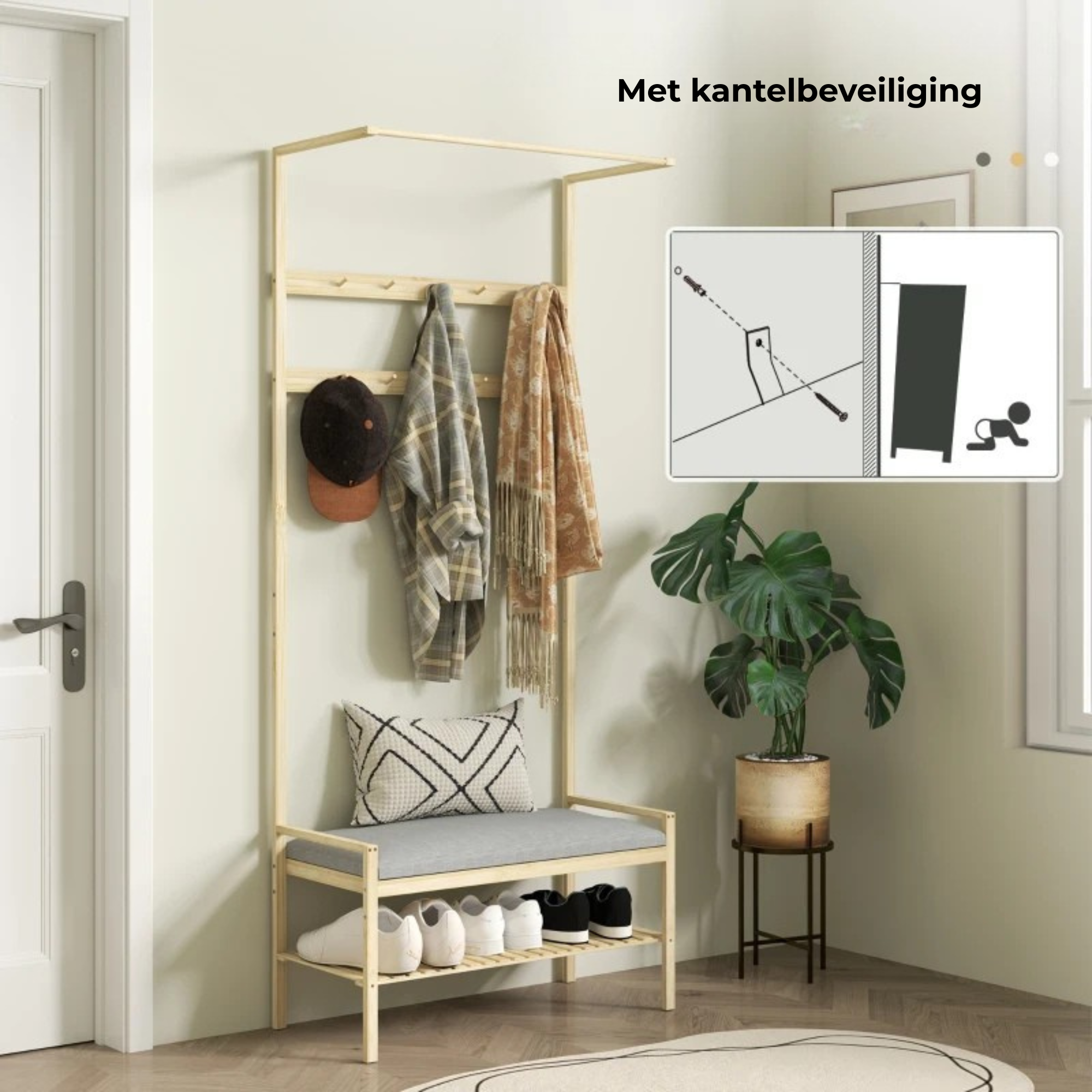Kapstok garderobe met schoenenrek & zitkussen – duurzaam bamboe halmeubel met kantelbeveiliging en praktische opbergmogelijkheden in hal