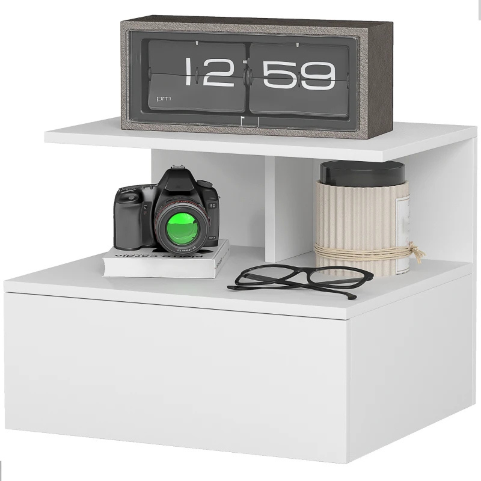 Zwevend nachtkastje met lade voor compact en stijlvol opbergen in wit met meerdere opbergvlakken en strak design