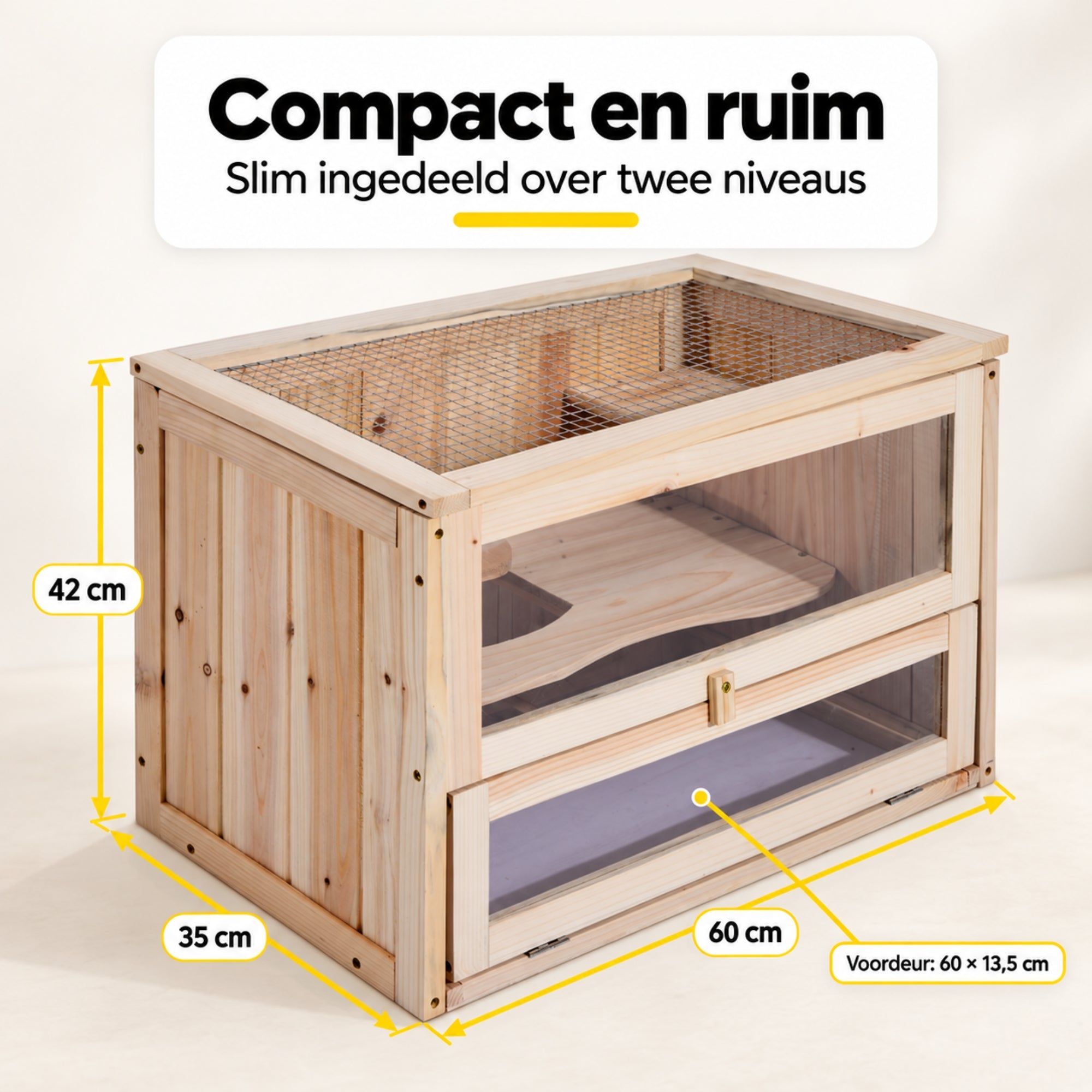 Houten hamsterkooi 60x35x42 cm – comfortabele en veilige ruimte voor je knaagdier met twee ruime niveaus en ventilatiegaas