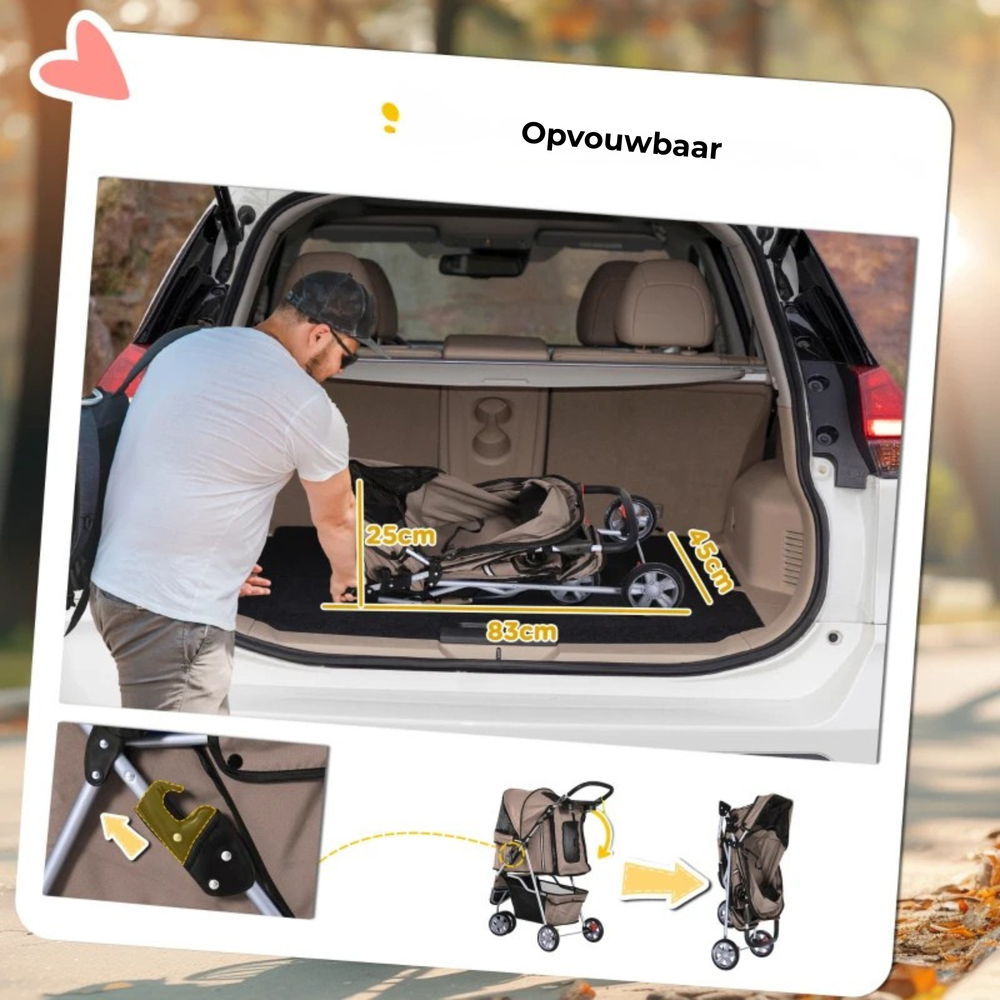 Opvouwbare hondenbuggy met parkeerrem en ruime opbergruimte – compact en makkelijk mee te nemen in auto of op reis