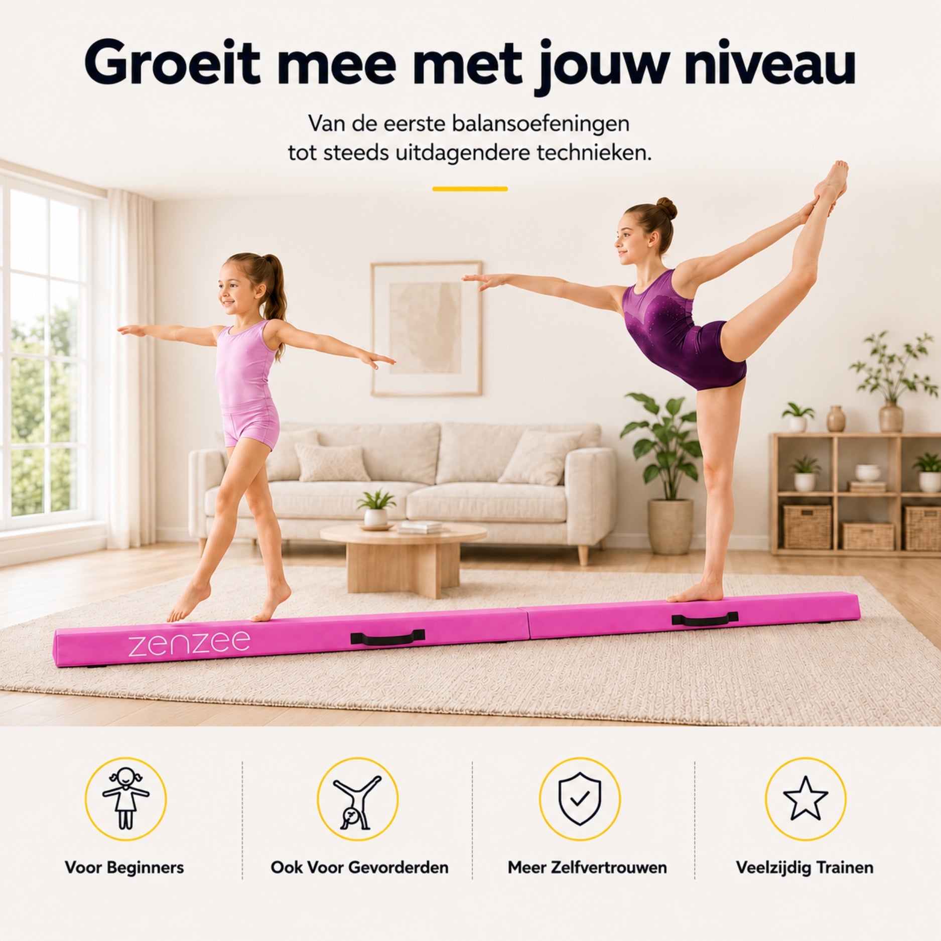 Turnbalk roze 300 cm – balans trainer met draagtas. Ideaal voor thuis | Zenzee