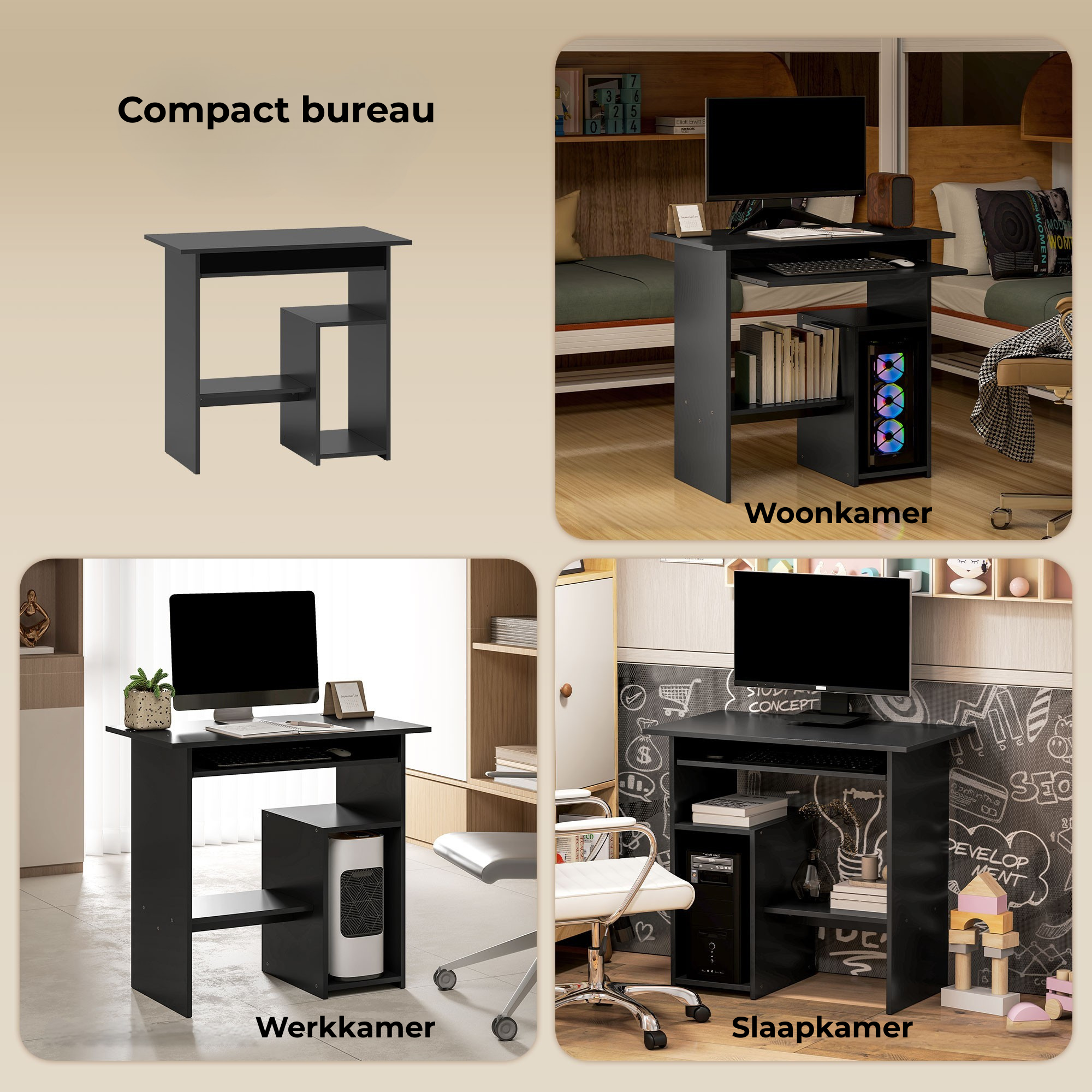Compact zwart computerbureau 80 × 45 × 75 cm met lade & vakken, compact en functioneel voor diverse werkplekken thuis