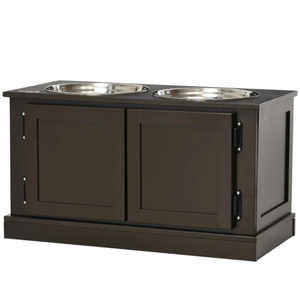 Hondenvoerbak met opbergruimte van MDF en RVS in bruin houtdesign met twee duurzame roestvrijstalen bakken