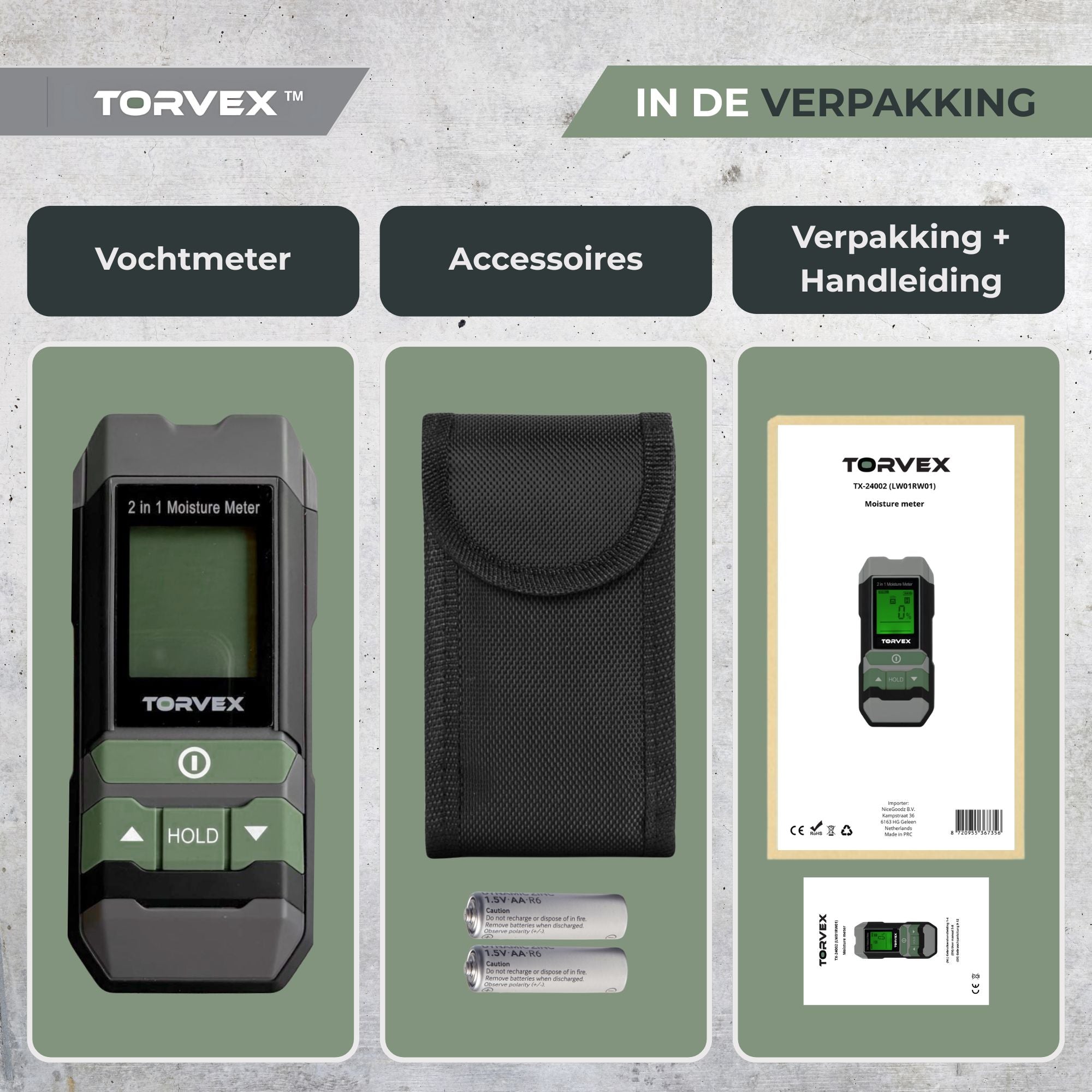 Torvex 3 in 1 digitale vochtmeter – Temperatuurmeter - Vochtmeter muren – Voor hout en bouwmaterialen – Incl. batterijen & opberghoes