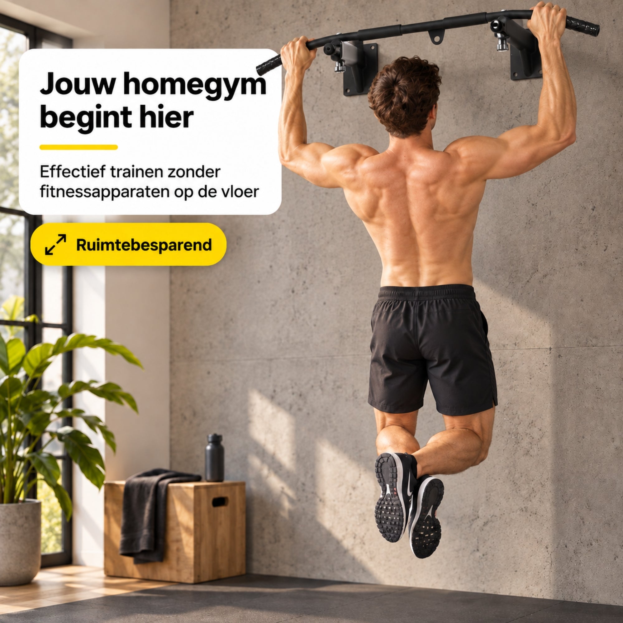 Pull up bar zwart – wandmontage met 150 kg draagvermogen met sporter tijdens pull-uptraining in een ruimtebesparende thuisgym