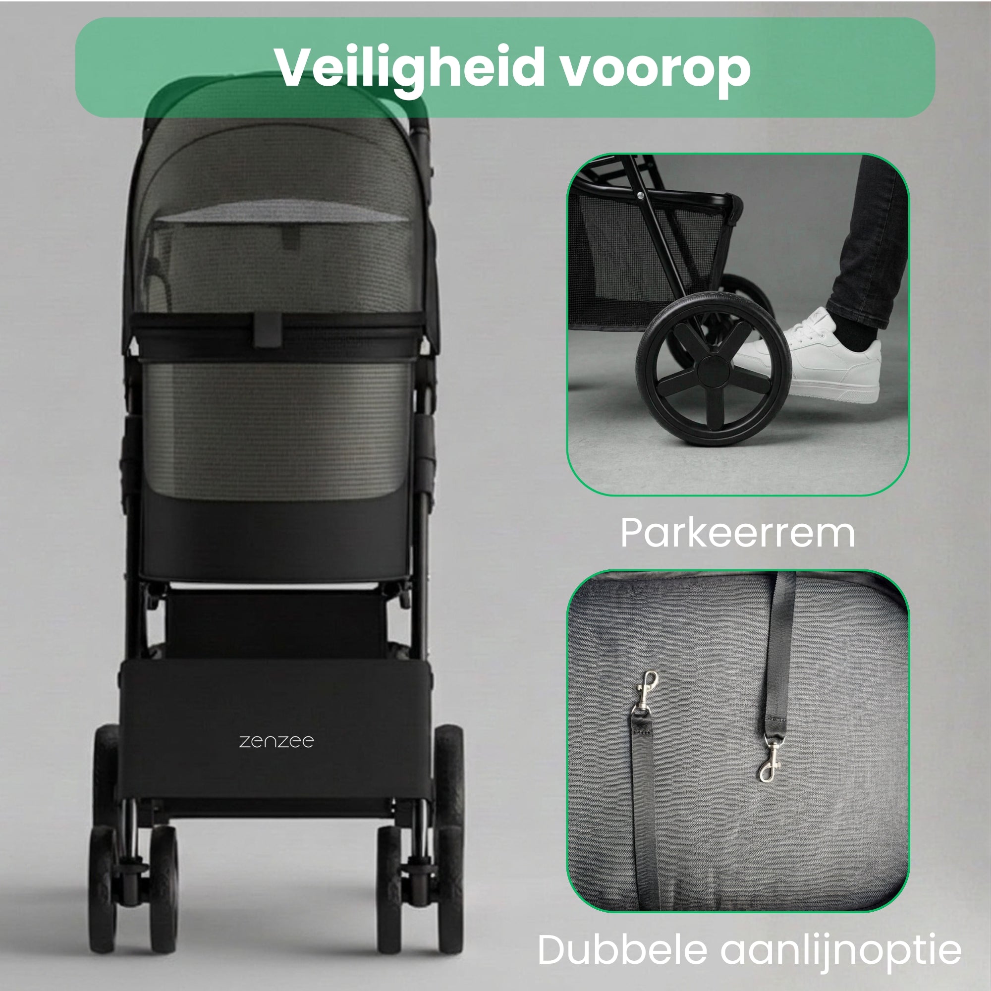 Hondenbuggy inklapbaar met regenhoes belastbaar tot 15 kg Zwart met veilige parkeerrem en dubbele aanlijnoptie voor extra veiligheid tijdens het wandelen.