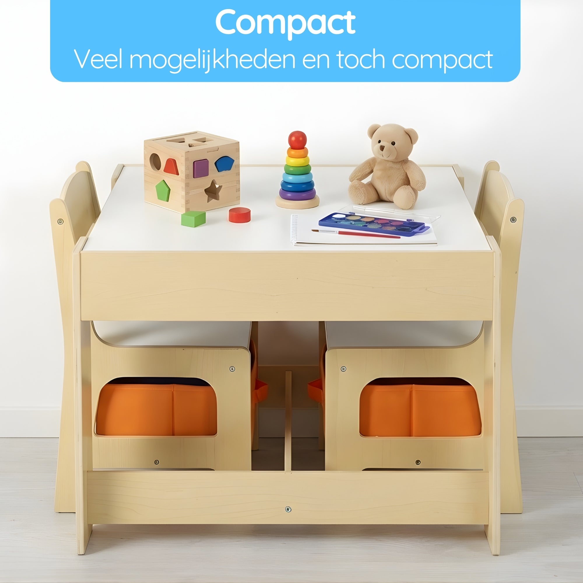 kindertafel met stoeltjes met krijtbord, whiteboard en slimme opbergruimte met houten design en multifunctioneel gebruik voor kinderen