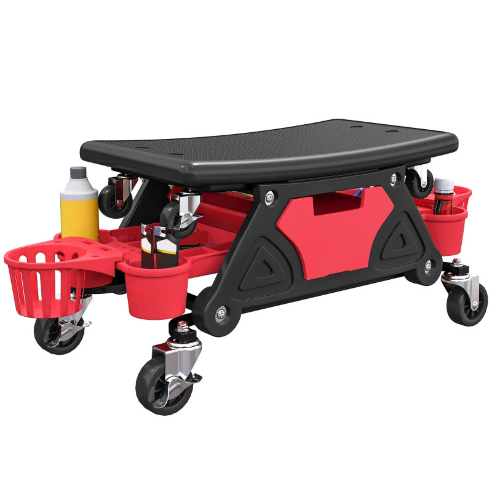 Ergonomische zadelkruk werkplaatskruk op wielen 86×33 cm met opbergruimte voor gereedschap en ronde zitting