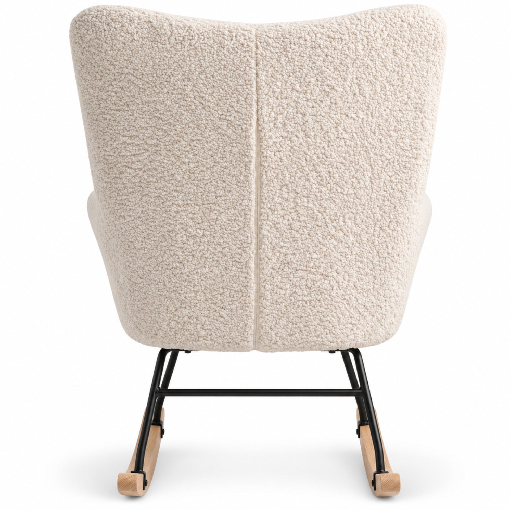 Comfortabele Schommelstoel met kussen en zijvak roomwit/beige | Zenzee, achteraanzicht met berberfleece en houten schommelonderstel