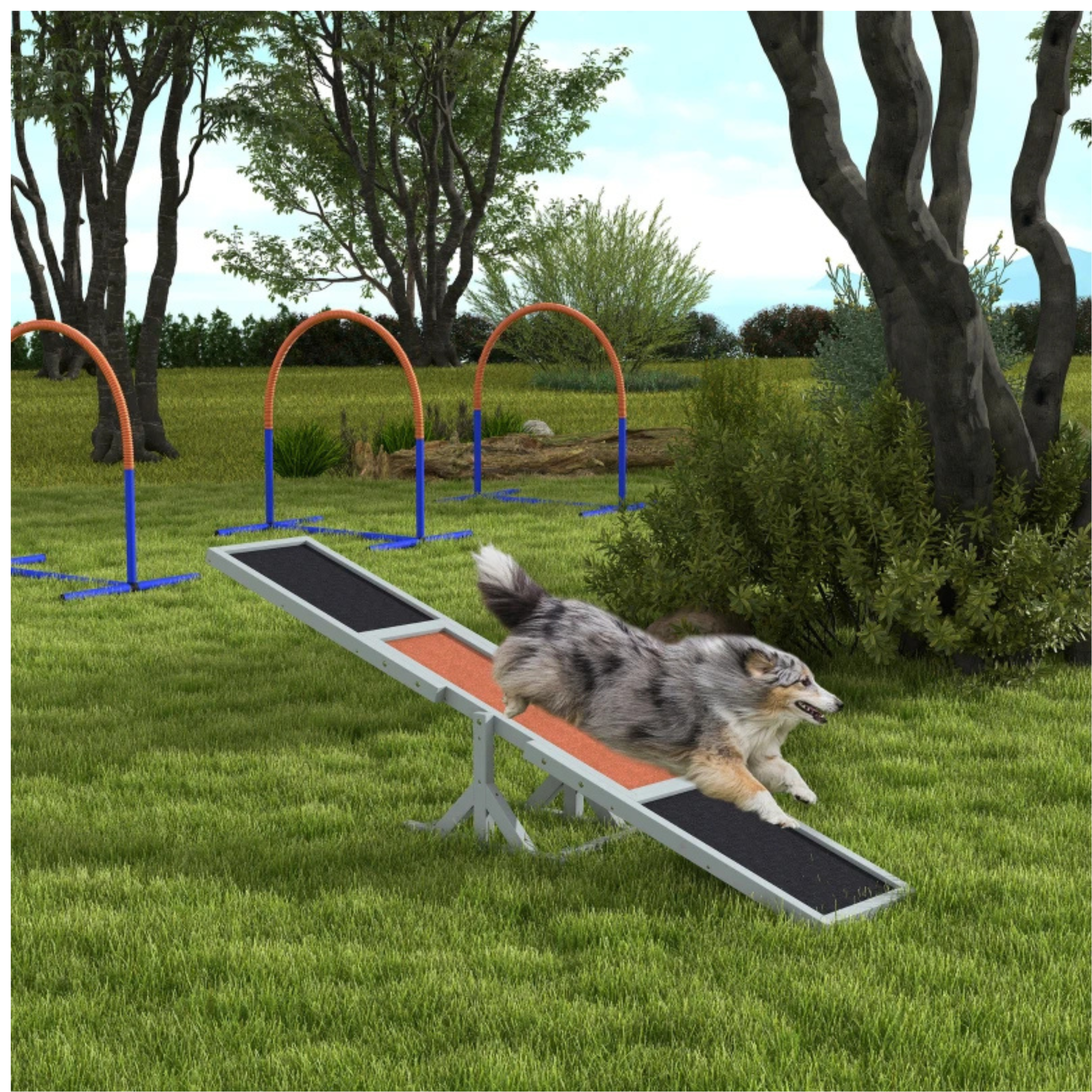 Verstelbare inklapbare hondenloopplank met antislip oppervlak 180x30x30 cm buitengebruik met actieve hond en groene omgeving