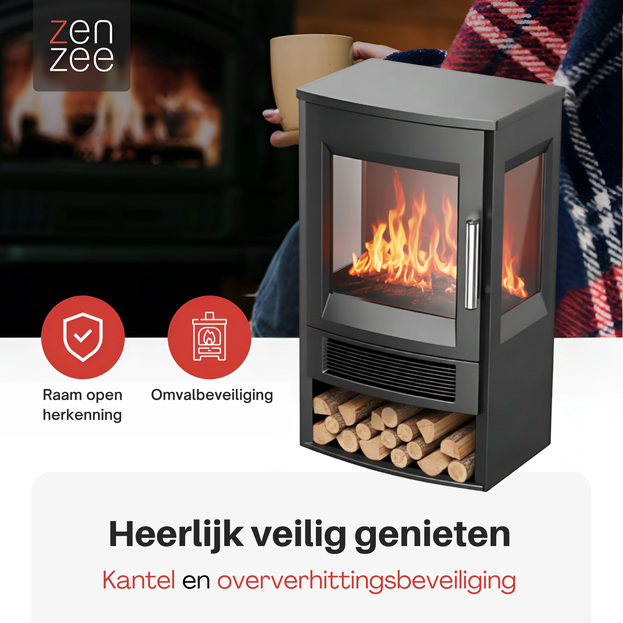 Zwarte elektrische sfeerhaard 1800W – met wifi-app en afstandsbediening | Zenzee voor veilige en sfeervolle warmte thuis
