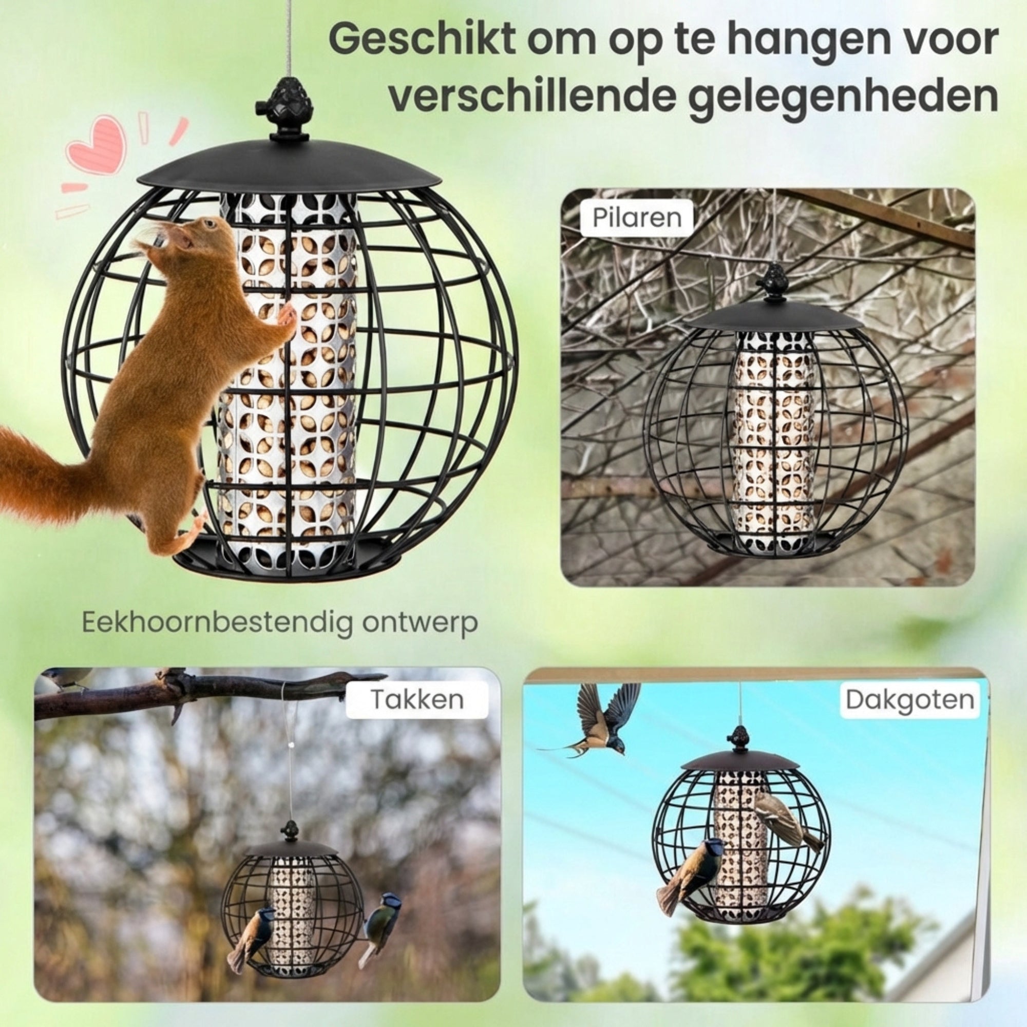 Voederhuisje voor vogels – hangende voedersilo voor tuinvogels eekhoornveilig met metalen rooster voor bescherming en meerdere ophangmogelijkheden