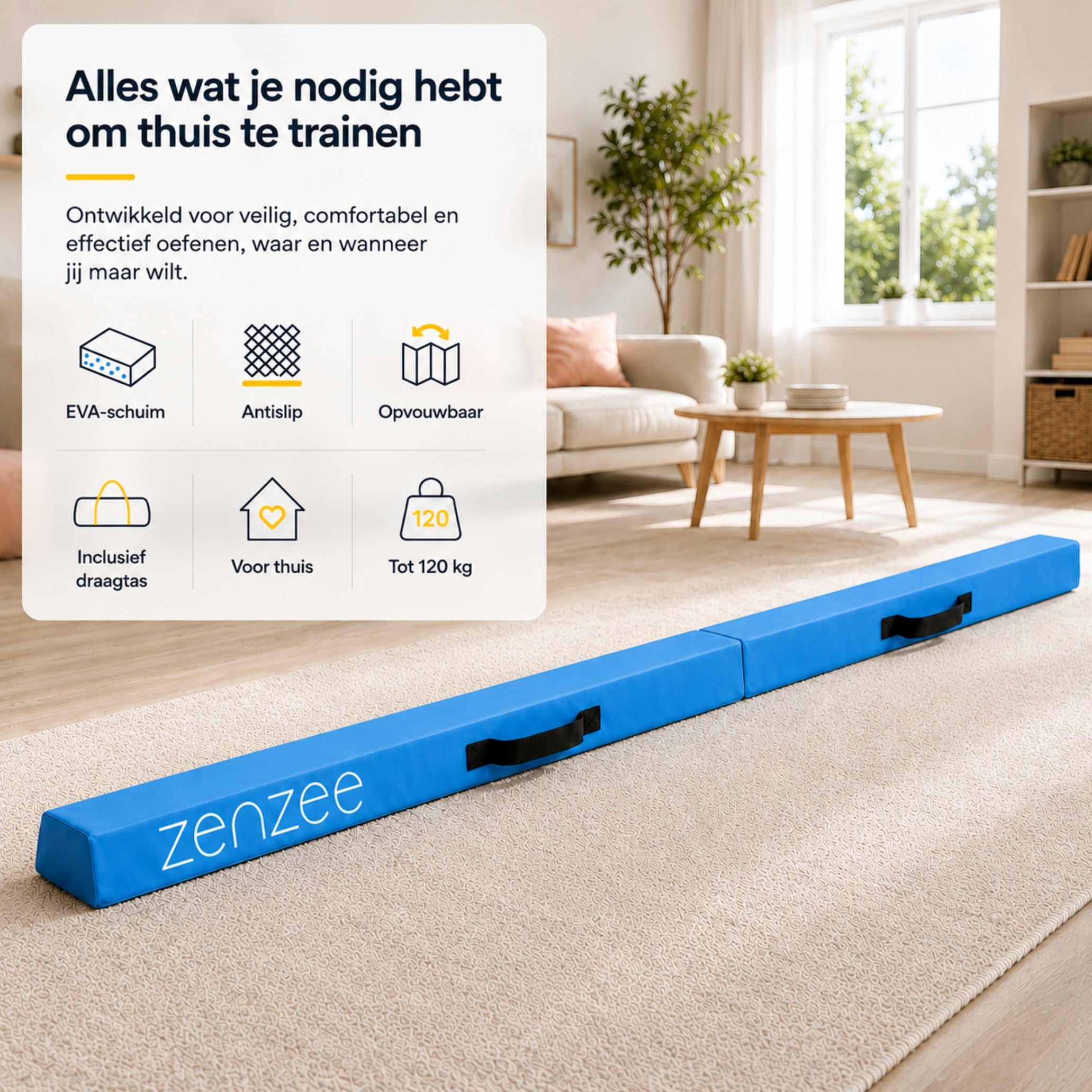 Turnbalk blauw 300 cm – balans trainer met draagtas. Ideaal voor thuis | Zenzee